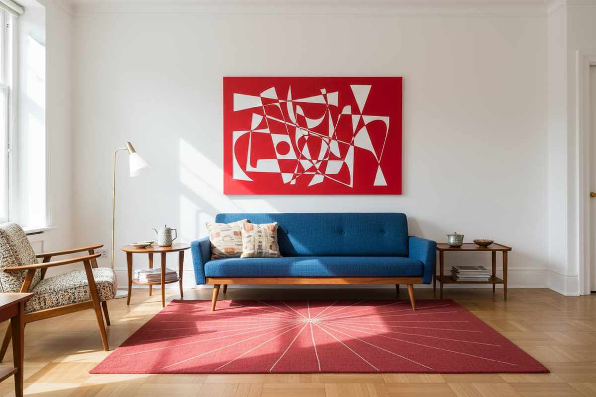 a vintage / mid century british lounge with white walls, with red wall art, a red rug on the floor and a blue mid century sofa