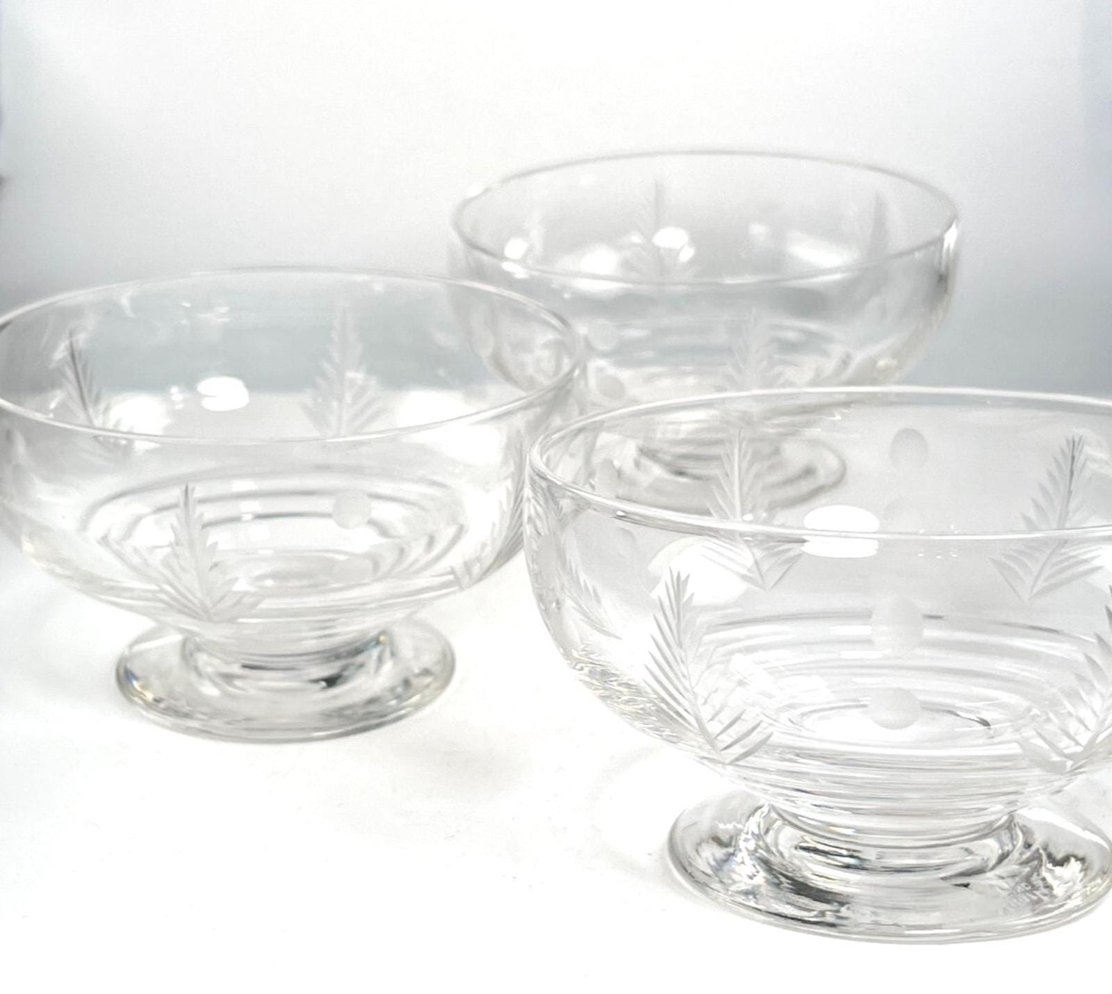Vintage Stuart Crystal Dessert Bowls: Woodchester Etched Glass, Set of 3