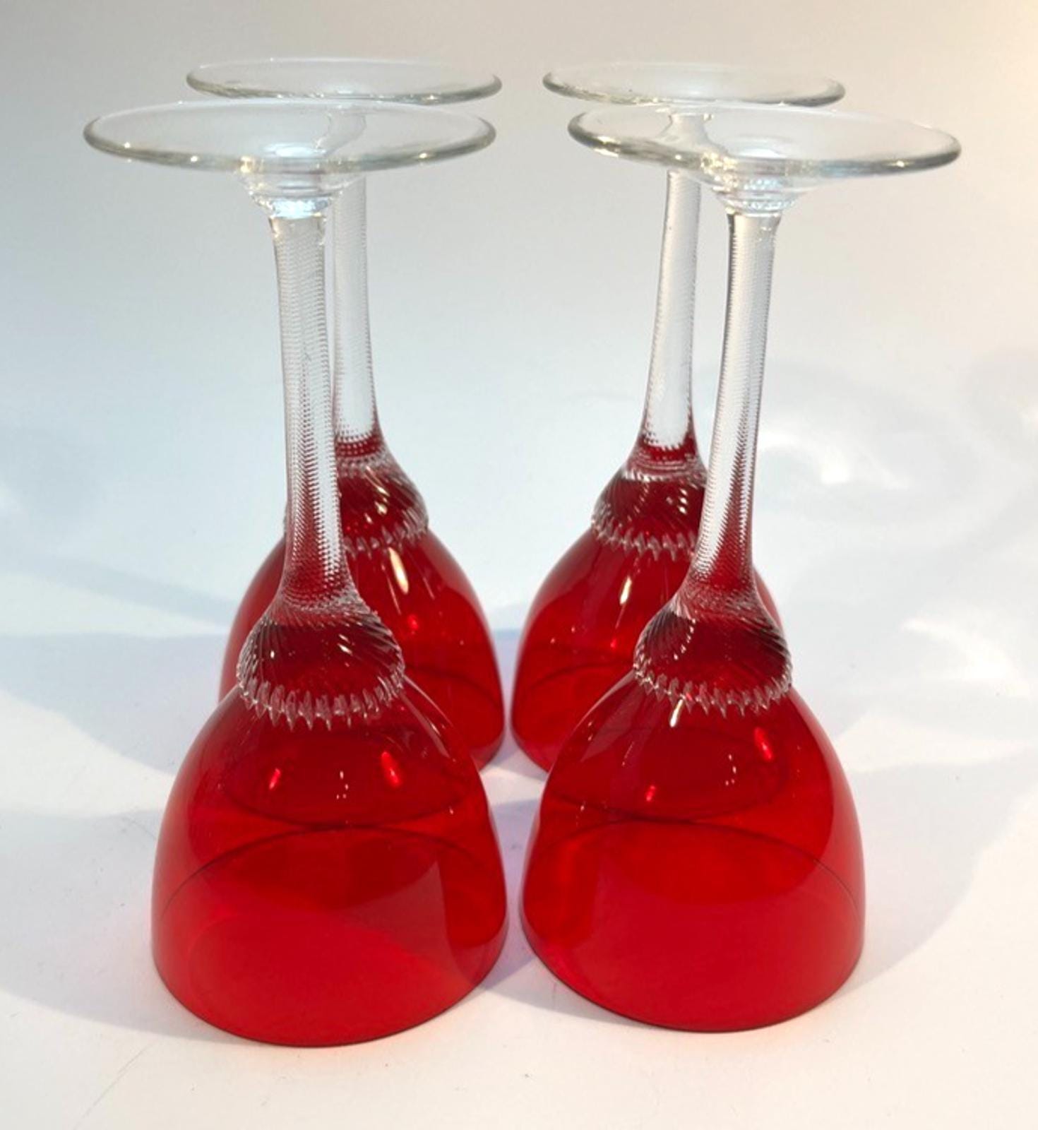 4 Bohemia Red Liquor Glasses Twisted Stem Glasses H14cm Mid Century Drinking VGC