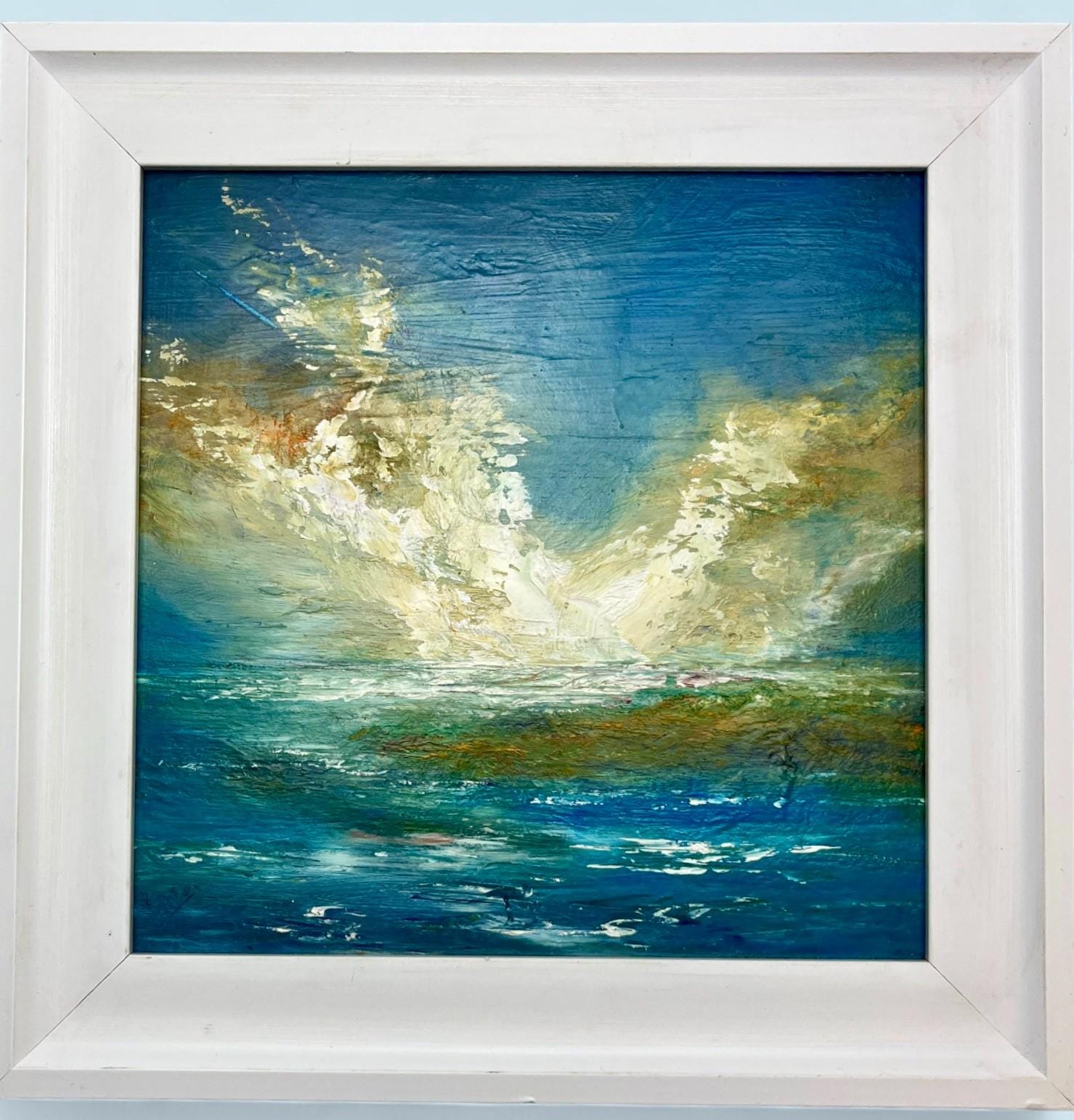 Abstract seascape oil painting signed by artist coastal scene framed 34x34cm