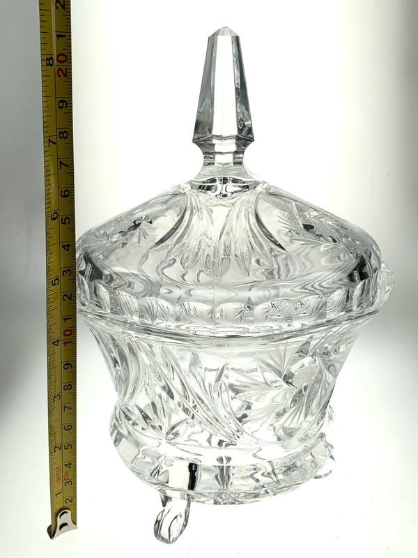 1938 Crystal Lidded Dish or Bowl on 3 Legs. Art Deco Crystal