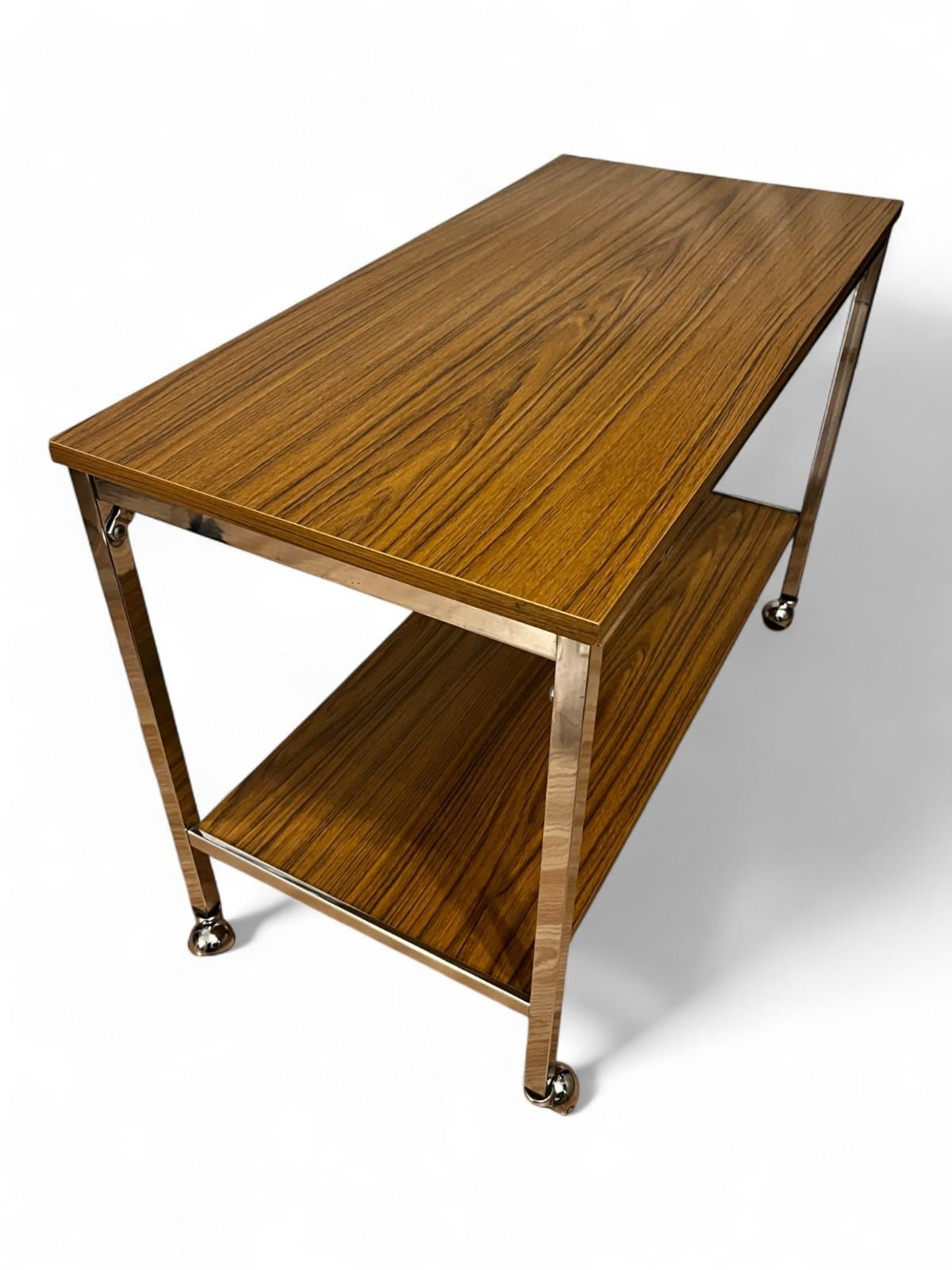 Mid Century Chrome & Teak Effect Side Table / Drinks Trolley on Castors 80cm