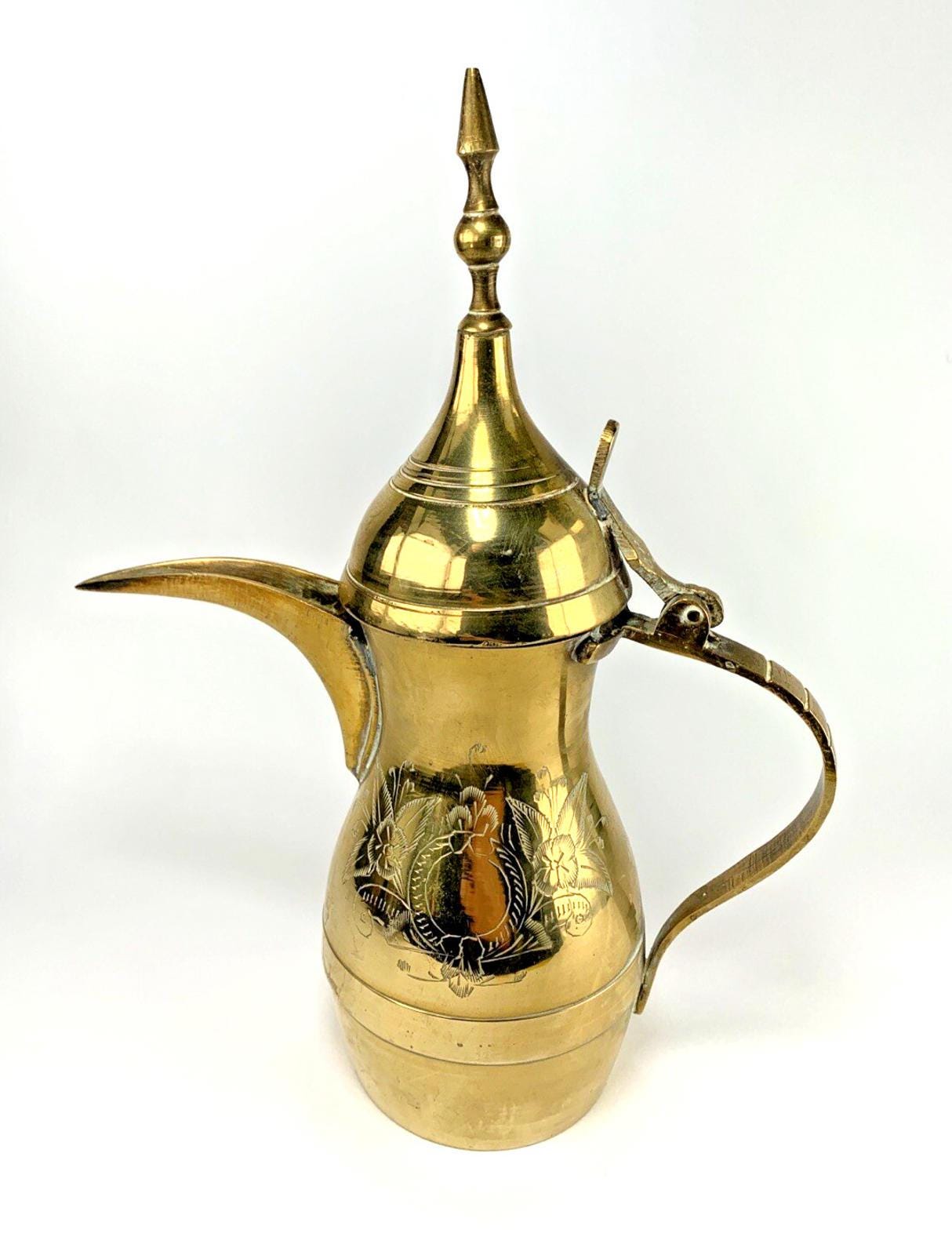 Antique Brass Coffee Pot: Middle Eastern Engraved Pitcher