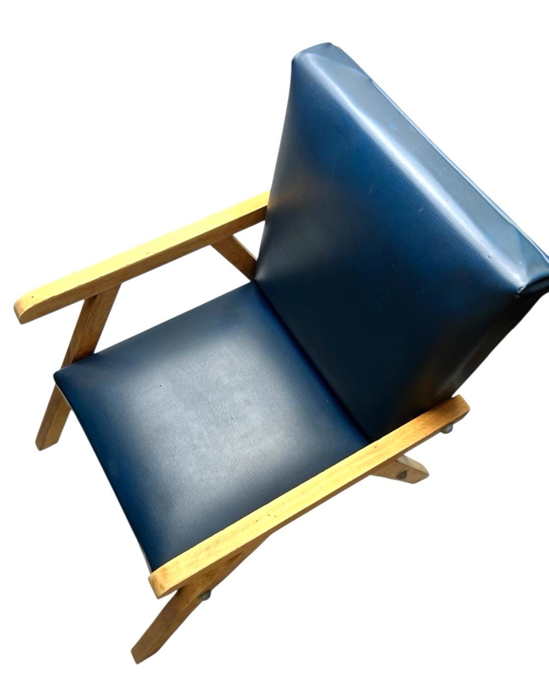 Mid Century Beech & Navy Vinyl Child's Armchair – Retro 1960s Miniature Chair