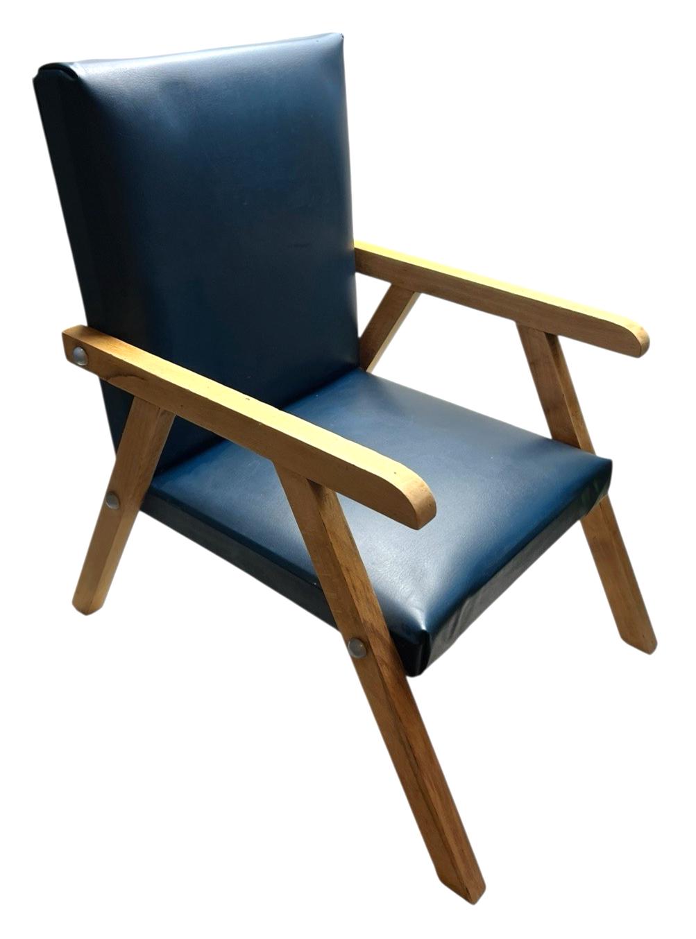 Mid Century Beech & Navy Vinyl Child's Armchair – Retro 1960s Miniature Chair