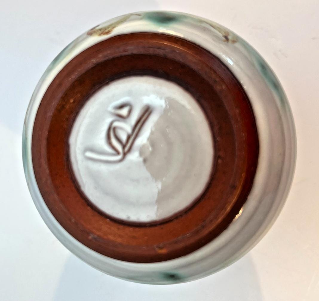Vintage Skegness Pottery vase 10.5cm green & brown studio art hand painted