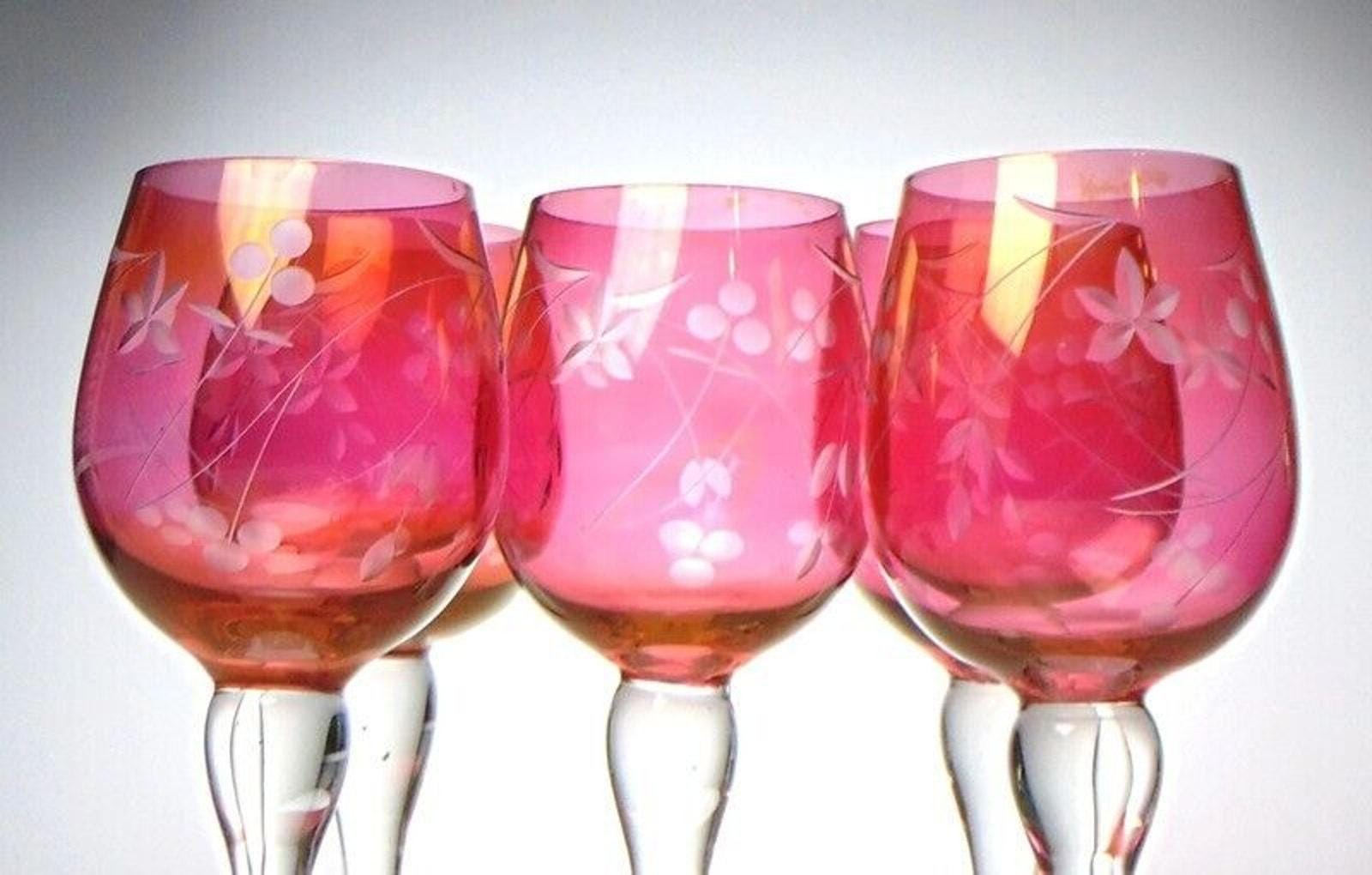 5 Mid Century Crystal Wine Glasses in Cranberry Glass with Etched Floral Detail