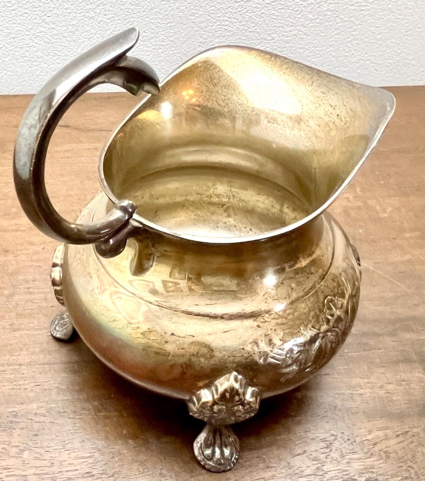 Vintage Silver Plated Cream Jug with Ornate Feet & Handle Mid Century EPNS