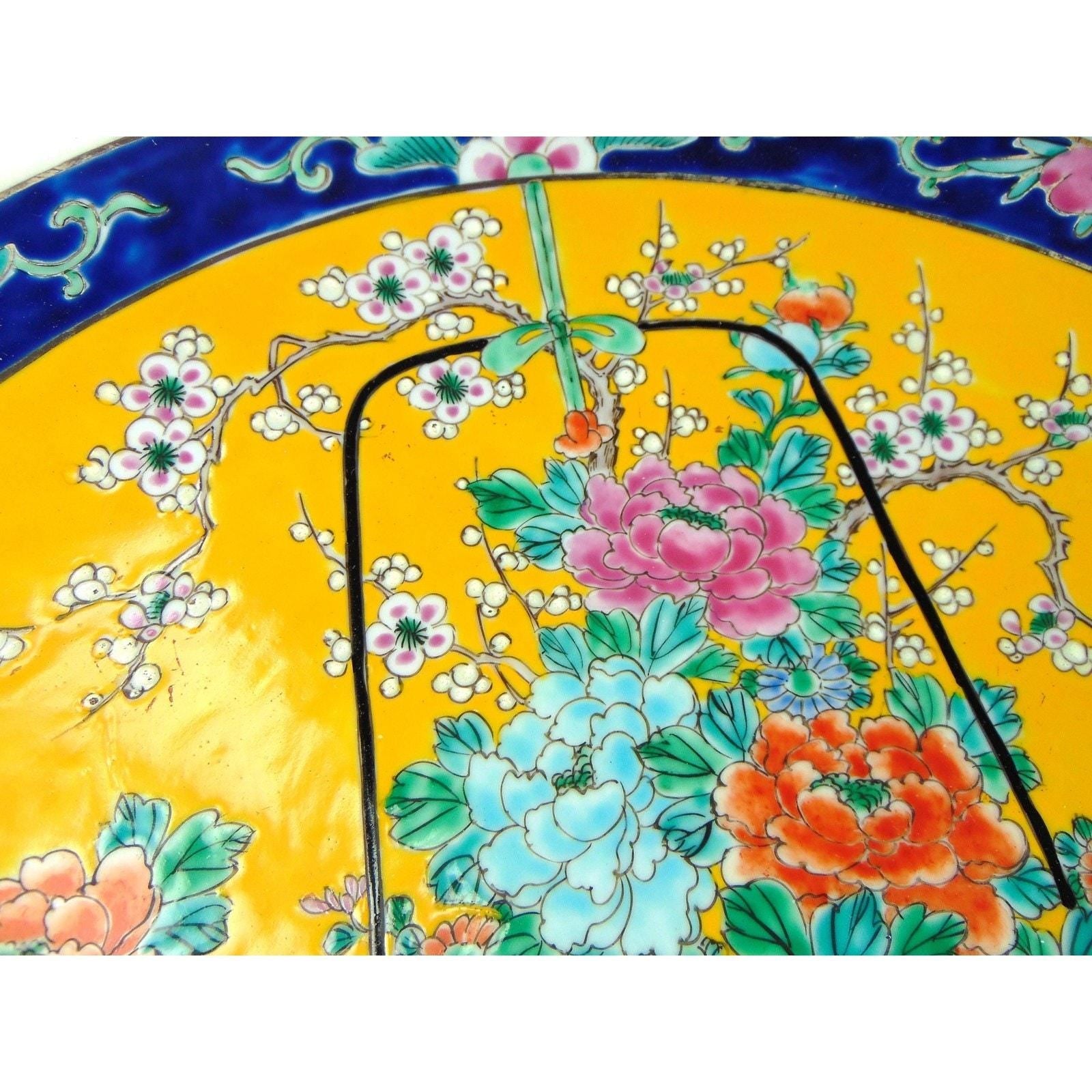 1900s Japanese Charger Plate 16 Inch. Oriental Charger in Yellow & Floral Detail