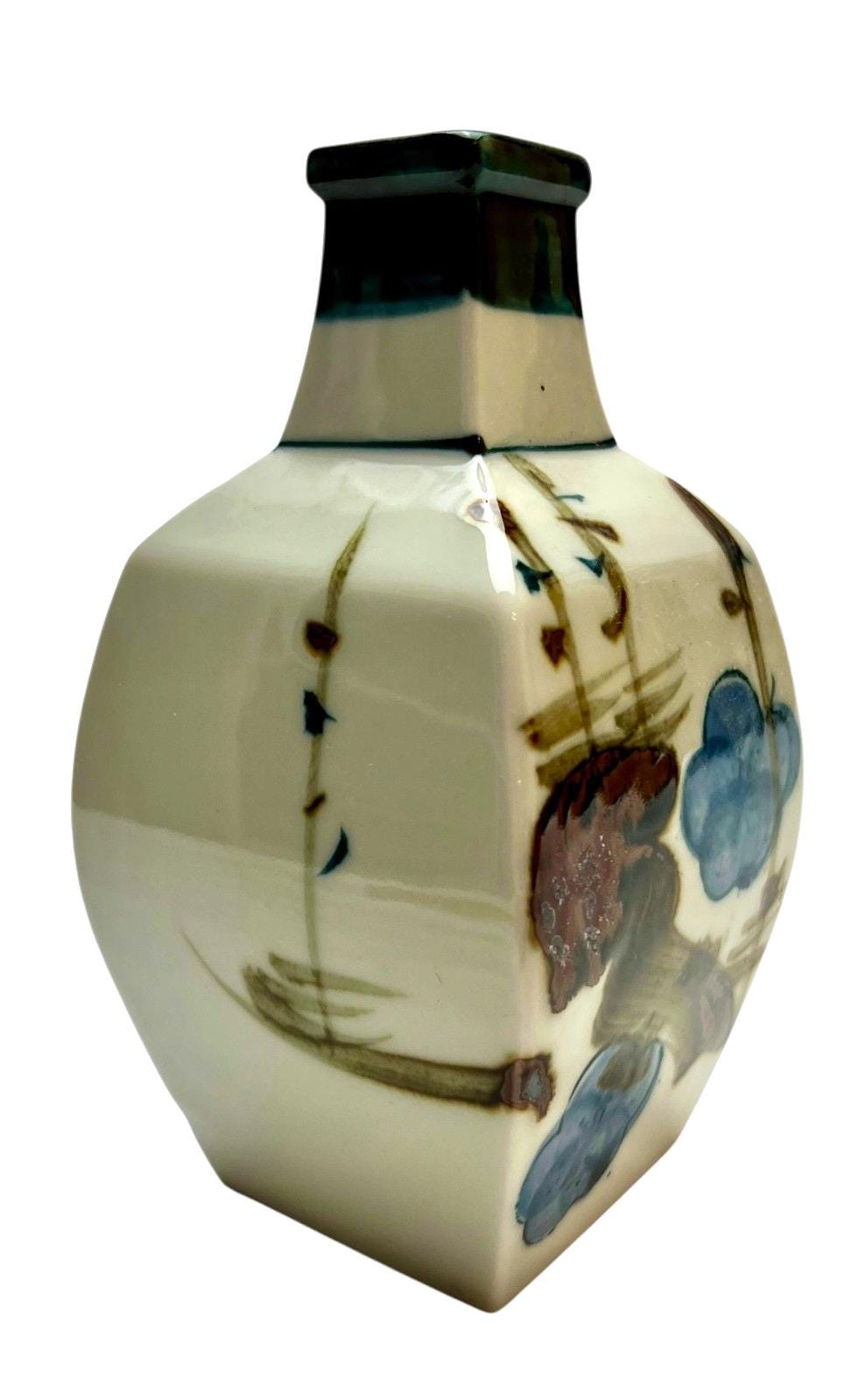 Japanese porcelain sake bottle square 14cm hand painted floral in blue/brown. Antique decorative bottle or vase