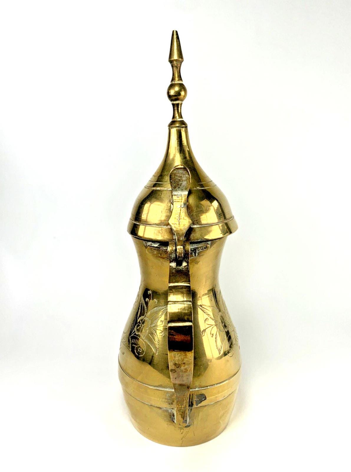 Antique Brass Coffee Pot: Middle Eastern Engraved Pitcher
