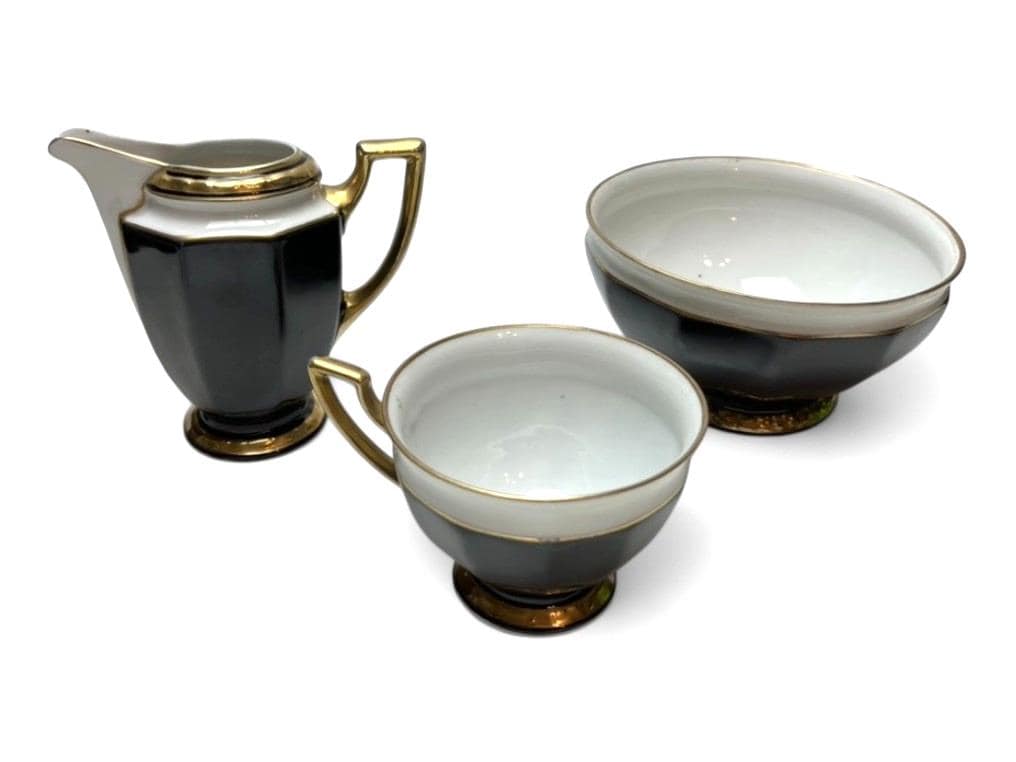 Vintage Black, White & Gold Porcelain Coffee Set Art Deco Style 7-Piece Czech