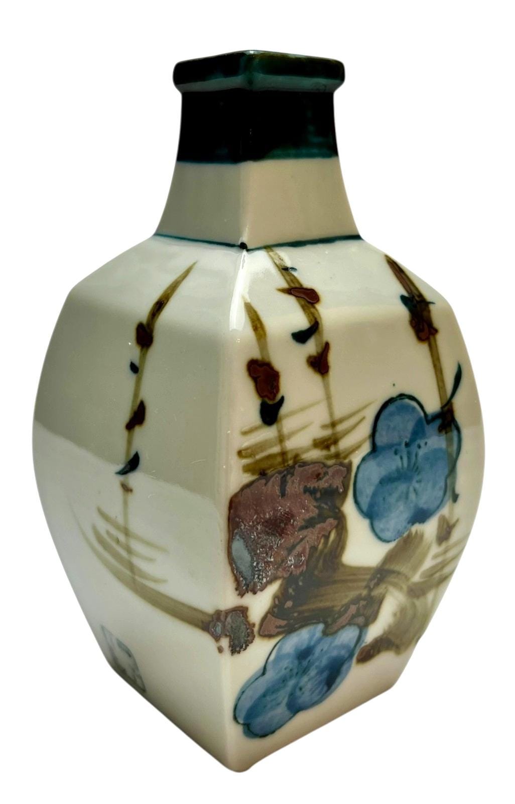 Japanese porcelain sake bottle square 14cm hand painted floral in blue/brown. Antique decorative bottle or vase