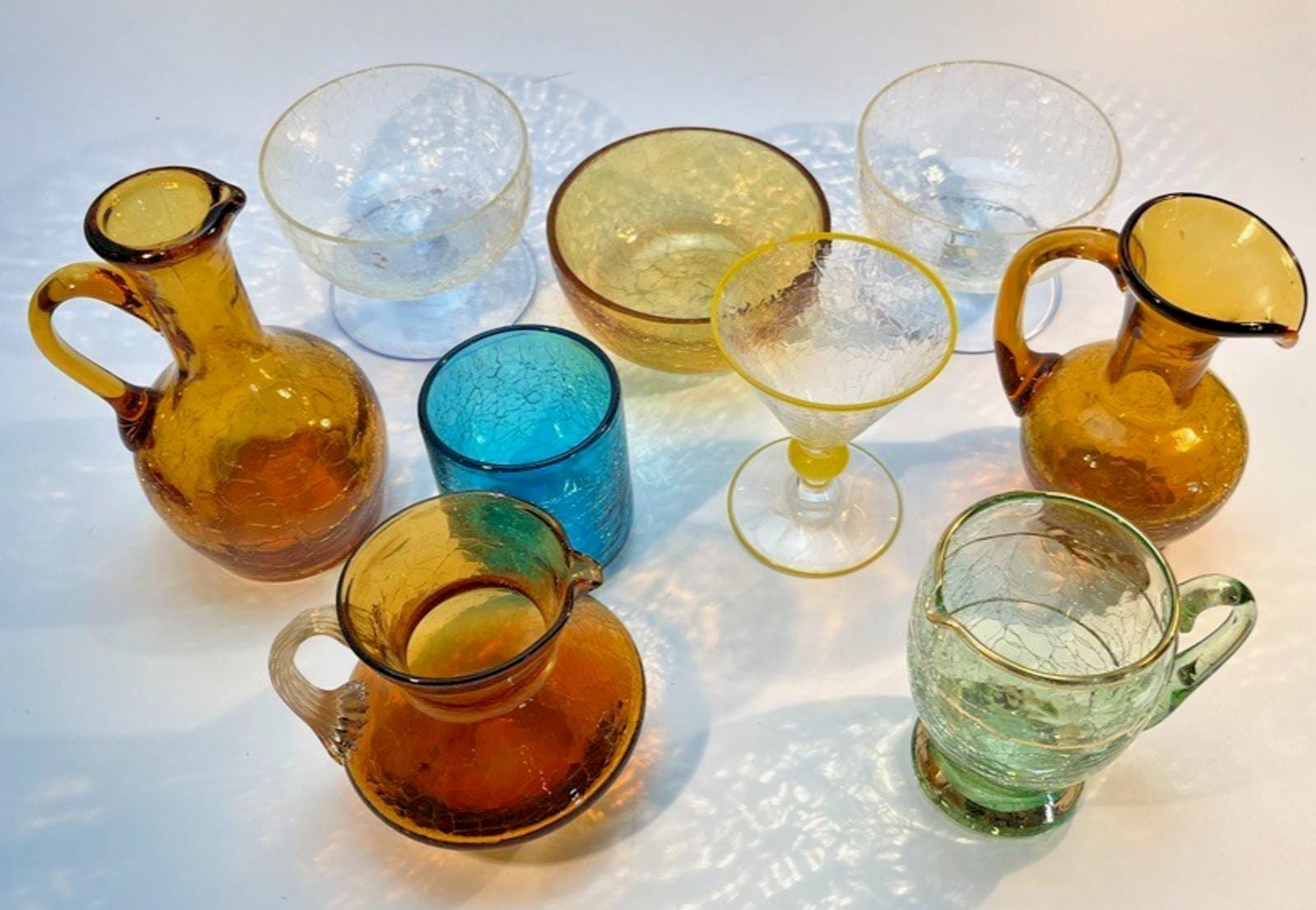 Vintage Crackle Glass Collection: Amber & Blue Jugs, Bowls, Dish (16 Piece Set
