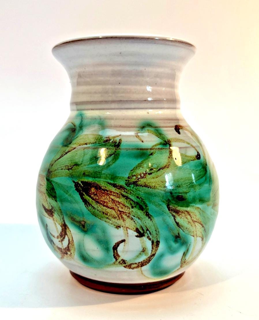 Vintage Skegness Pottery vase 10.5cm green & brown studio art hand painted