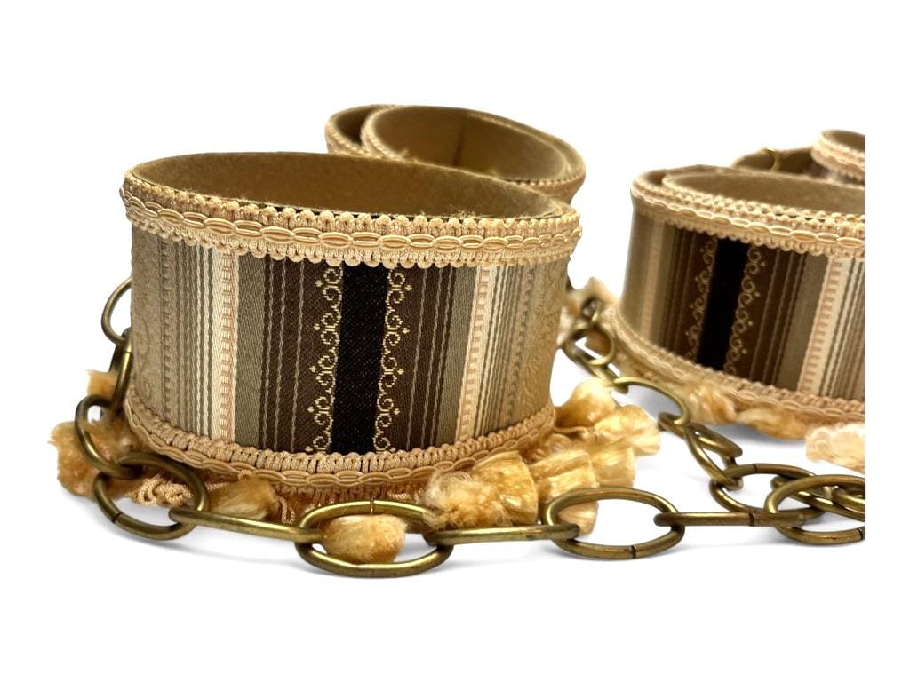 2 Pairs Mid Century Curtain Tie Backs Gold & Brown Fabric with Tassels and Chain