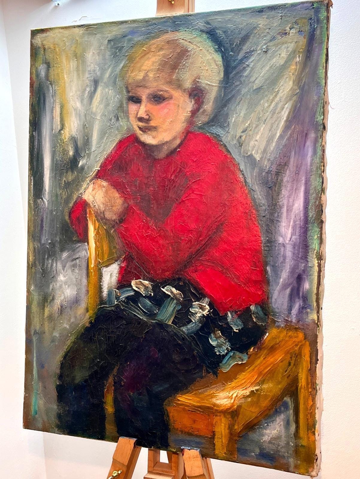 Vintage mid century oil painting child portrait boy in red sweater expressionist