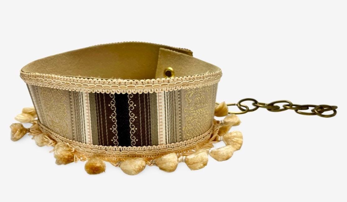 2 Pairs Mid Century Curtain Tie Backs Gold & Brown Fabric with Tassels and Chain