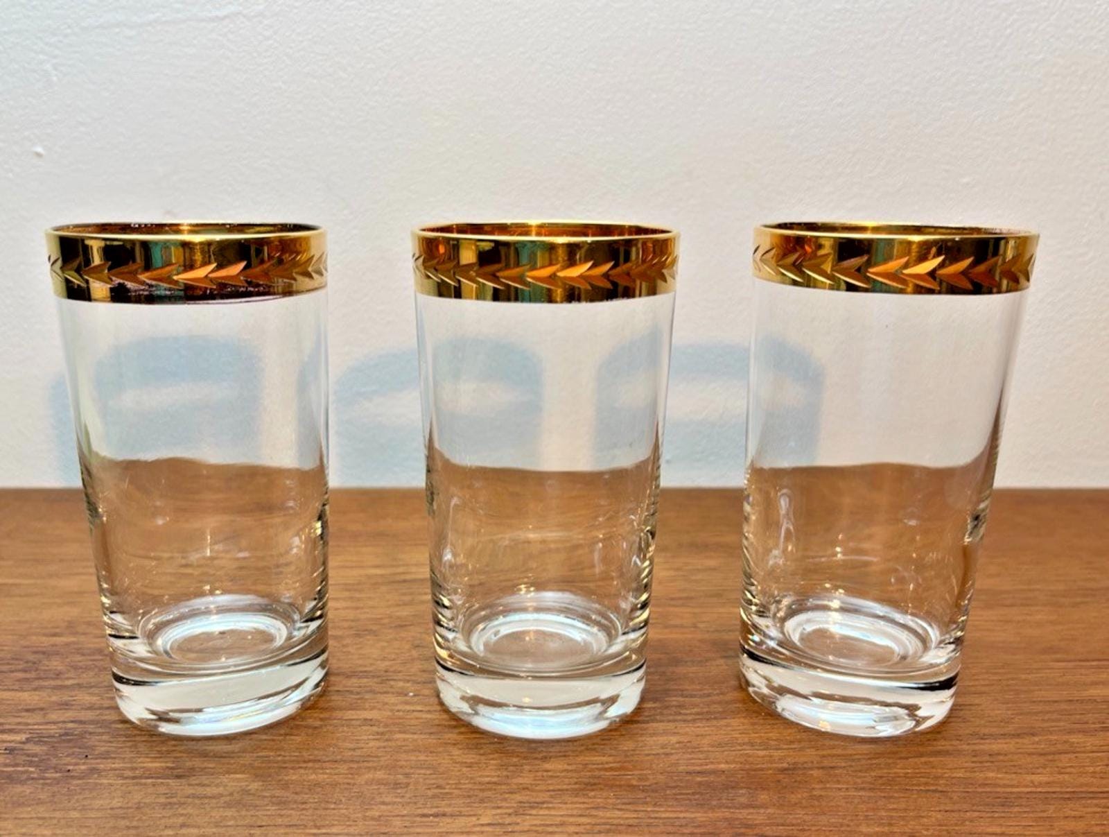 Set of 3 Vintage Retro Highball Glasses with 22ct Style Gold Rim, Barware