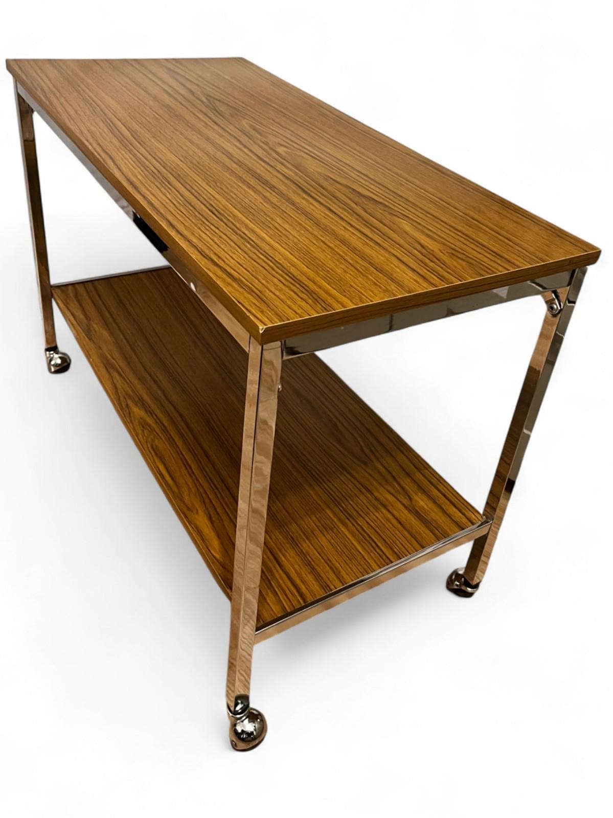 Mid Century Chrome & Teak Effect Side Table / Drinks Trolley on Castors 80cm