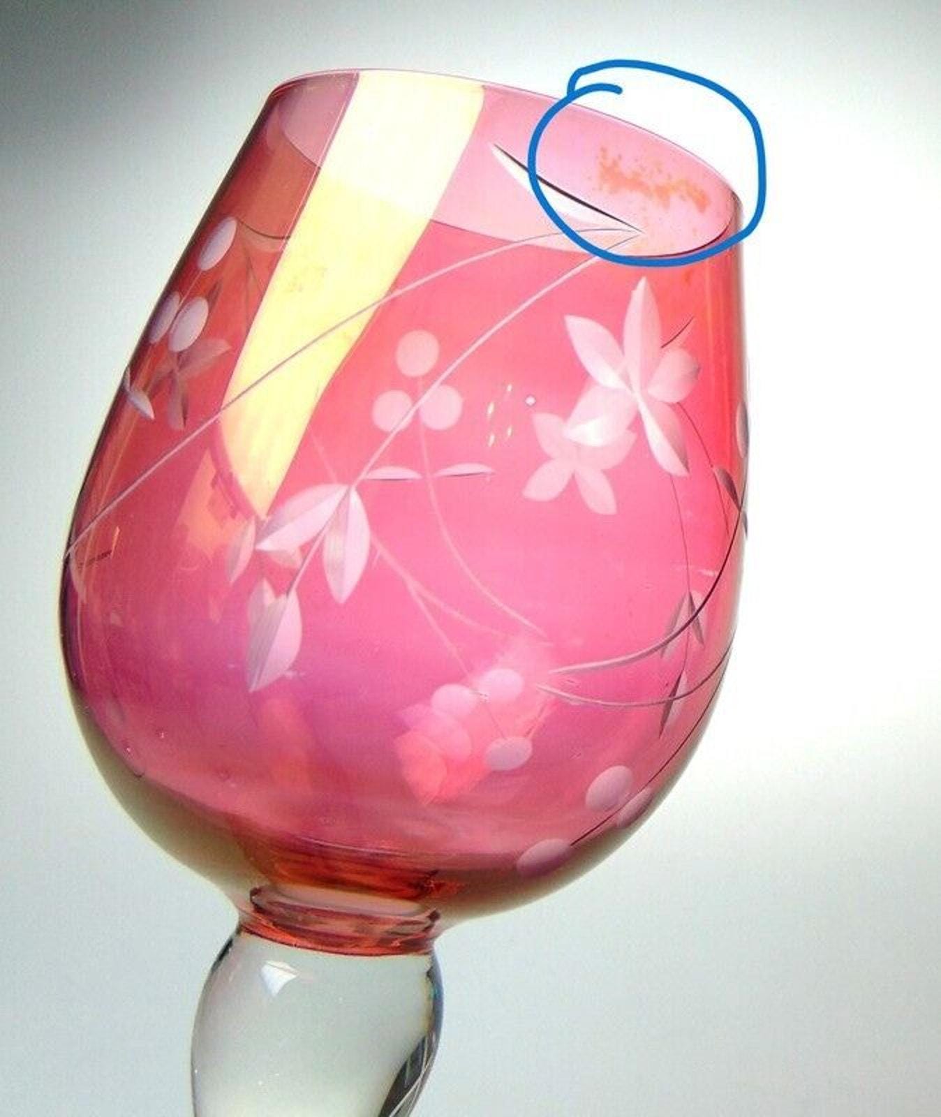 5 Mid Century Crystal Wine Glasses in Cranberry Glass with Etched Floral Detail