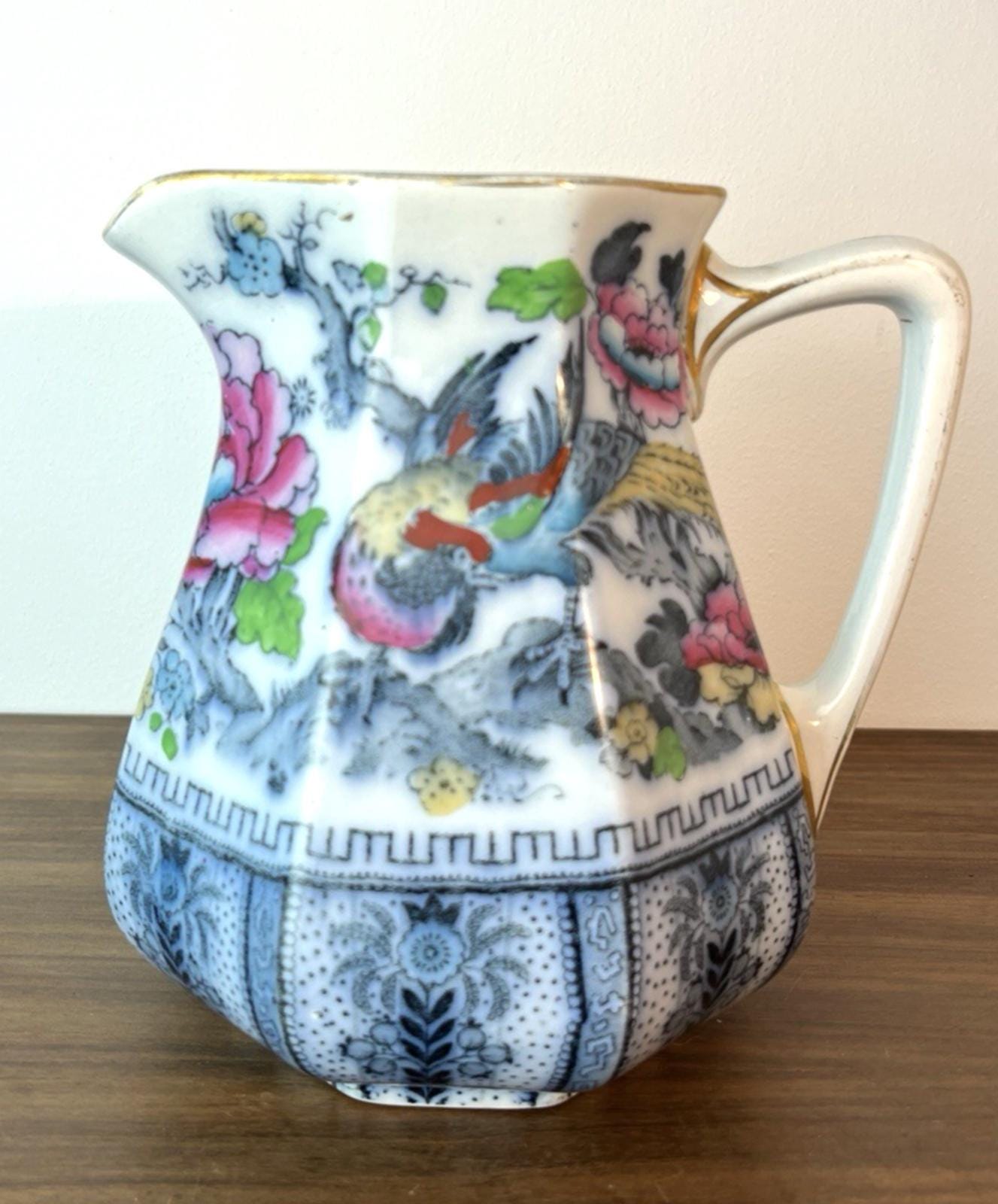 Antique losol ware shanghai jug keeling & co burslem graduated floral bird vgc
