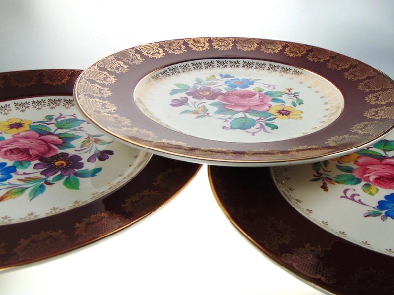 Midwinter Burselem Dinner Plates: 1960s Red Floral, Set of 3