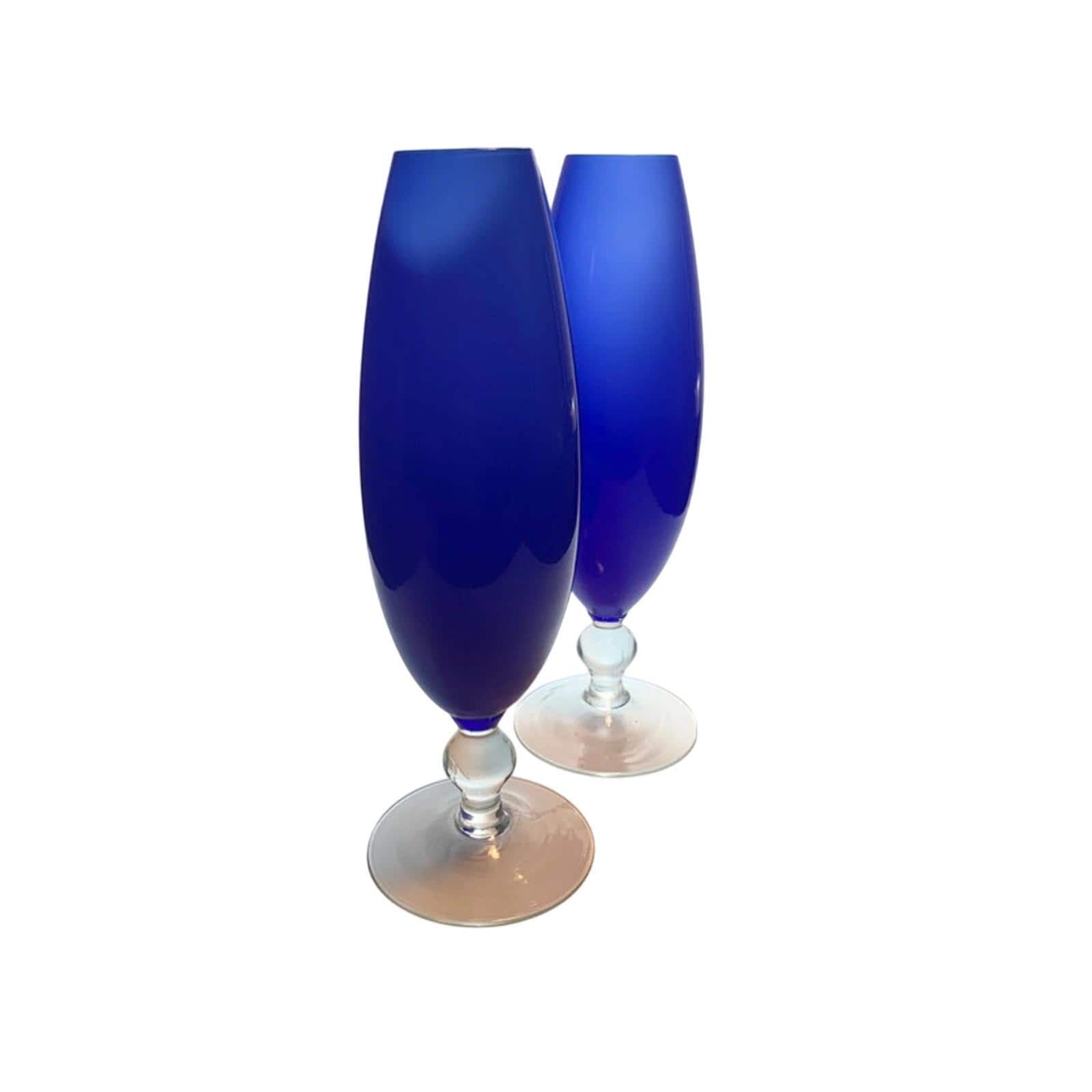 Pair of Mid Century Cobalt Blue Glass Bullet Vases White Interior Torpedo Vases