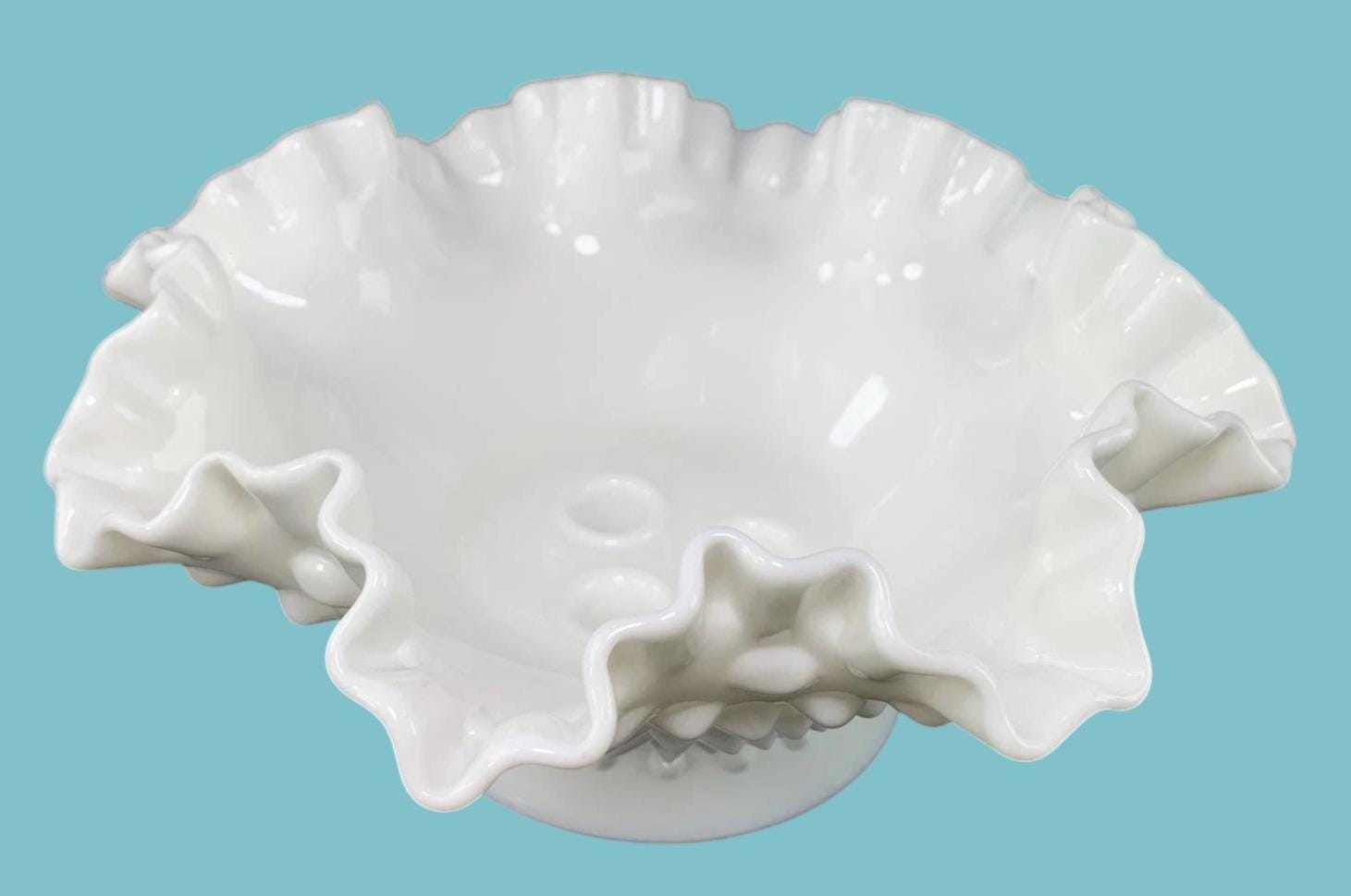 Art Deco Fenton Hobnail Milk Glass Pedestal Bowl Vintage White Vase 20cm