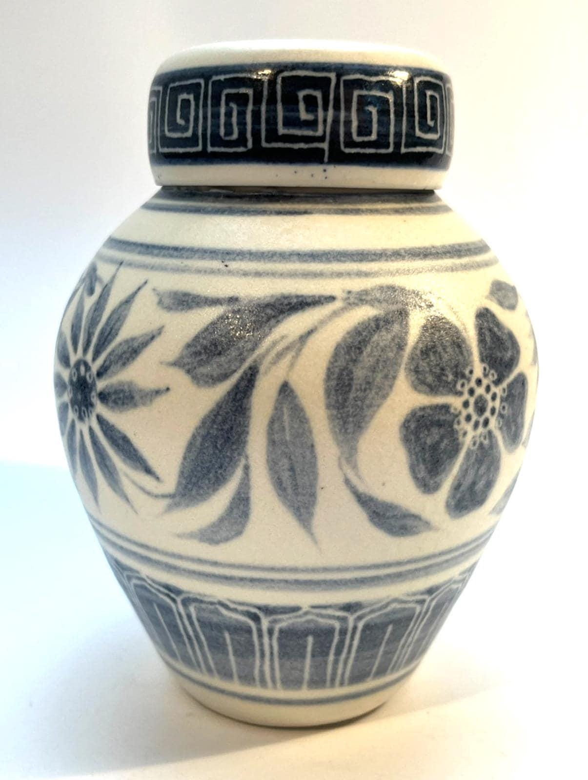 Muriel p wright pottery jar, vintage blue white salt glaze lidded signed 1970s