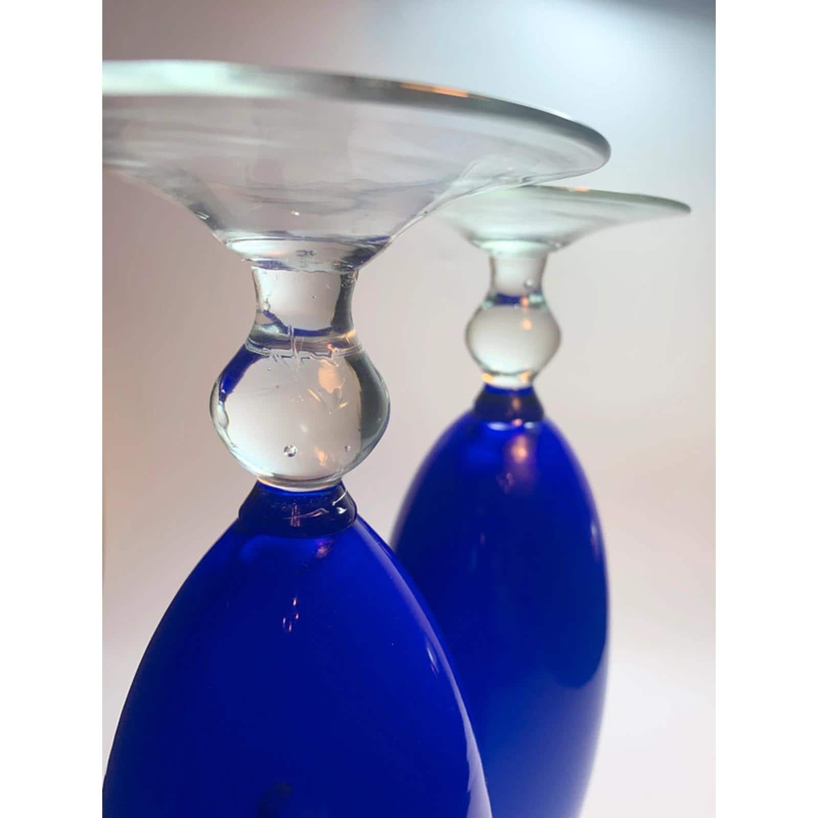 Pair of Mid Century Cobalt Blue Glass Bullet Vases White Interior Torpedo Vases