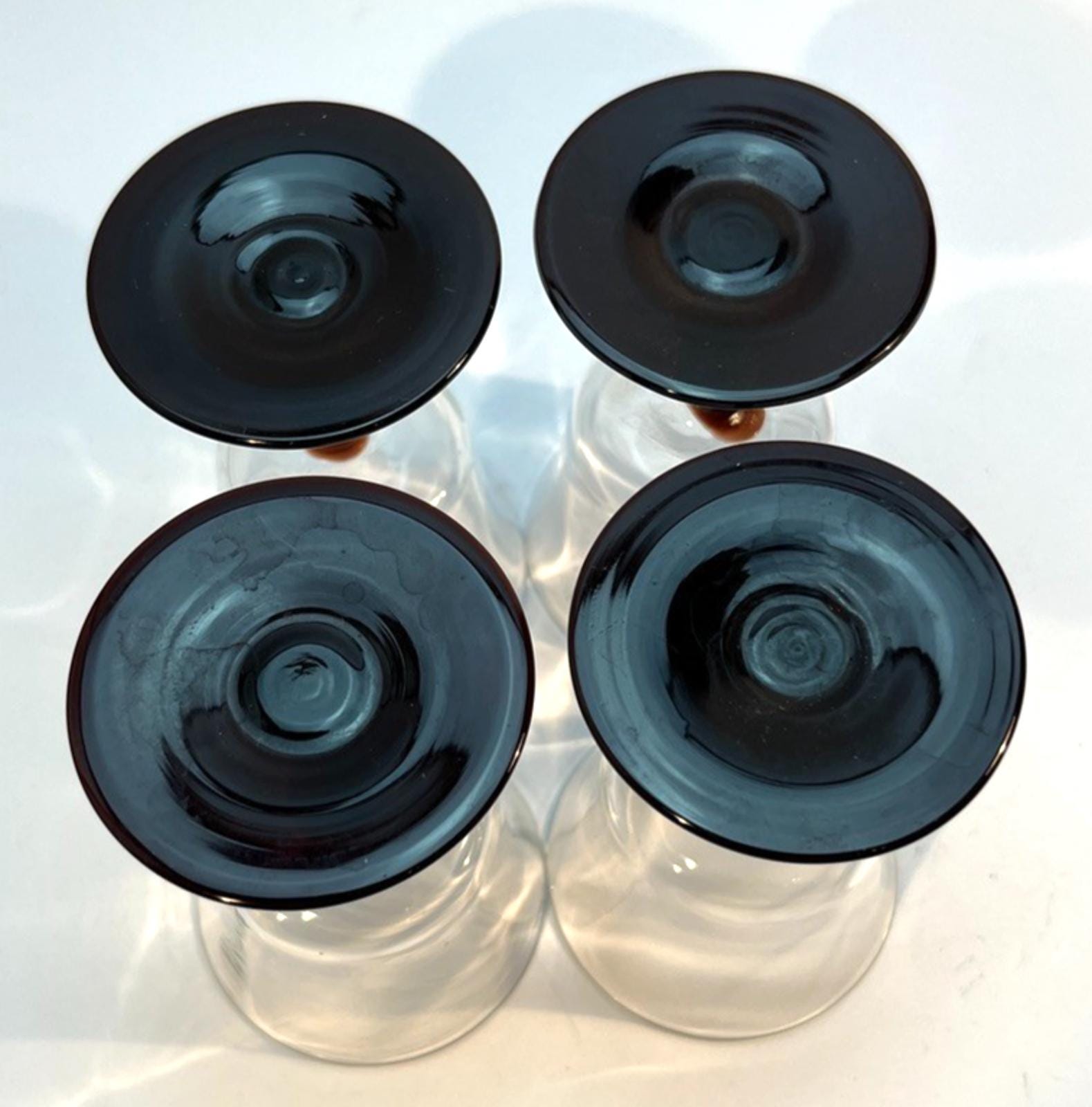 Set of 4 Vintage Stemmed Glasses. Liquor Glasses with Black Glass Stems