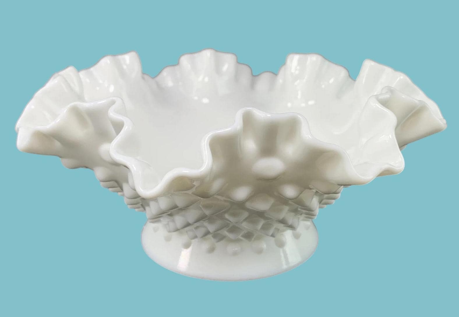 Art Deco Fenton Hobnail Milk Glass Pedestal Bowl Vintage White Vase 20cm