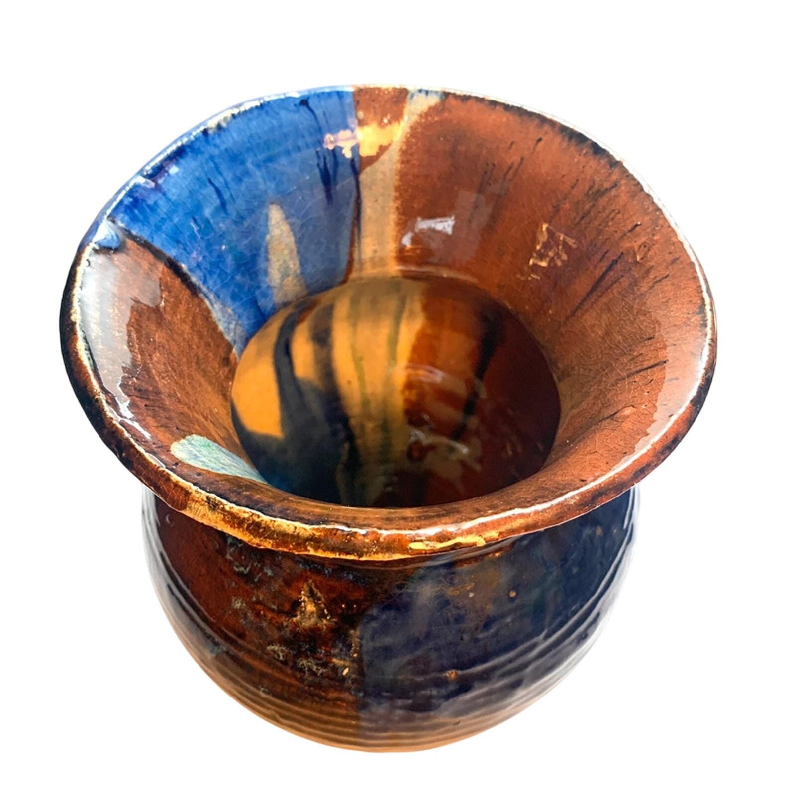 Vintage Handmade Pottery Vase: Blue Drip Glaze, Mid-Century Enamel