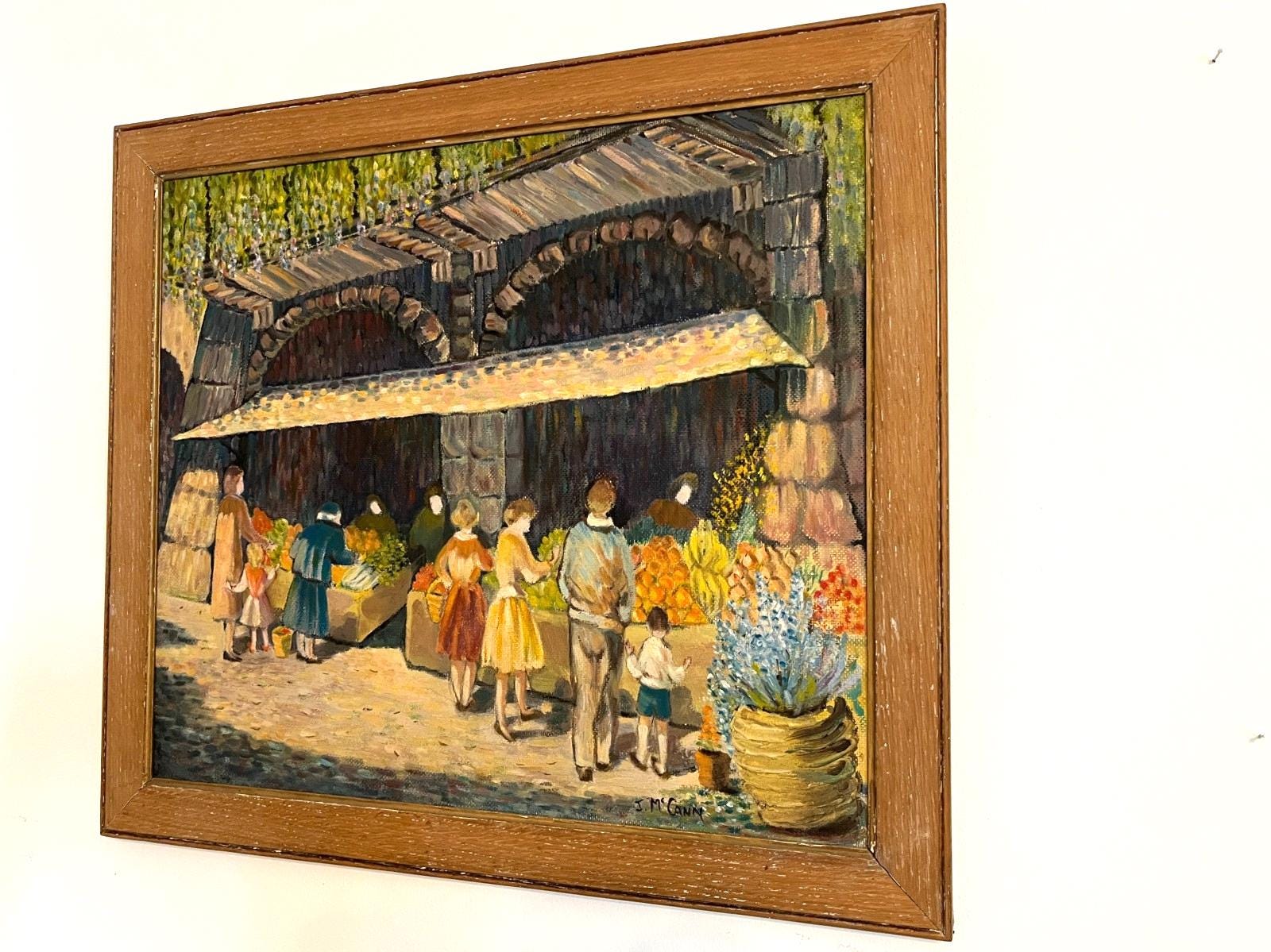 Vintage Oil Painting J McCann Market Scene Fruit Veg Stall Framed 65x57cm