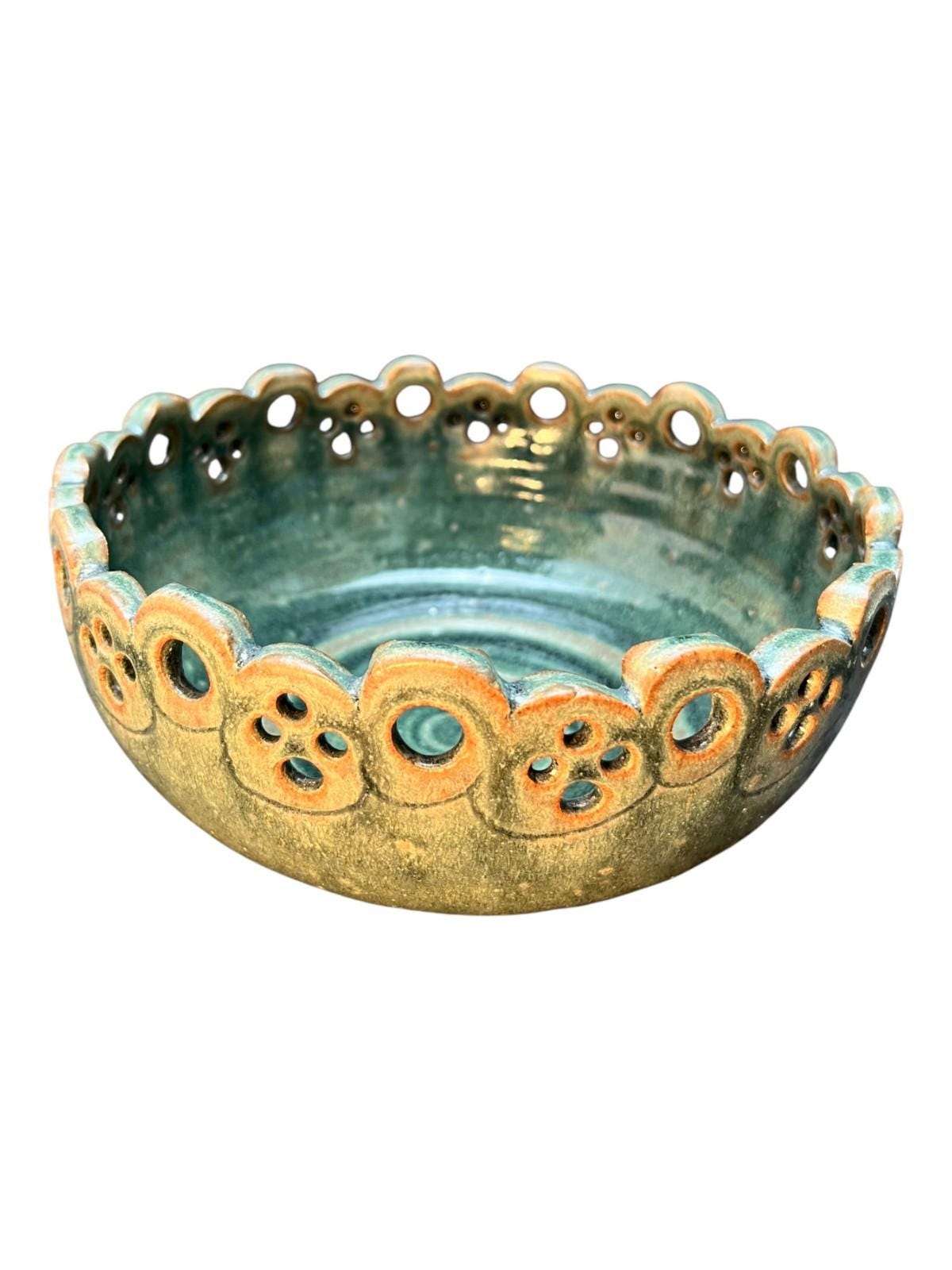 Studio Pottery Bowl Green Celadon Glaze Pierced Rim Signed Syl Macro 20cm Width