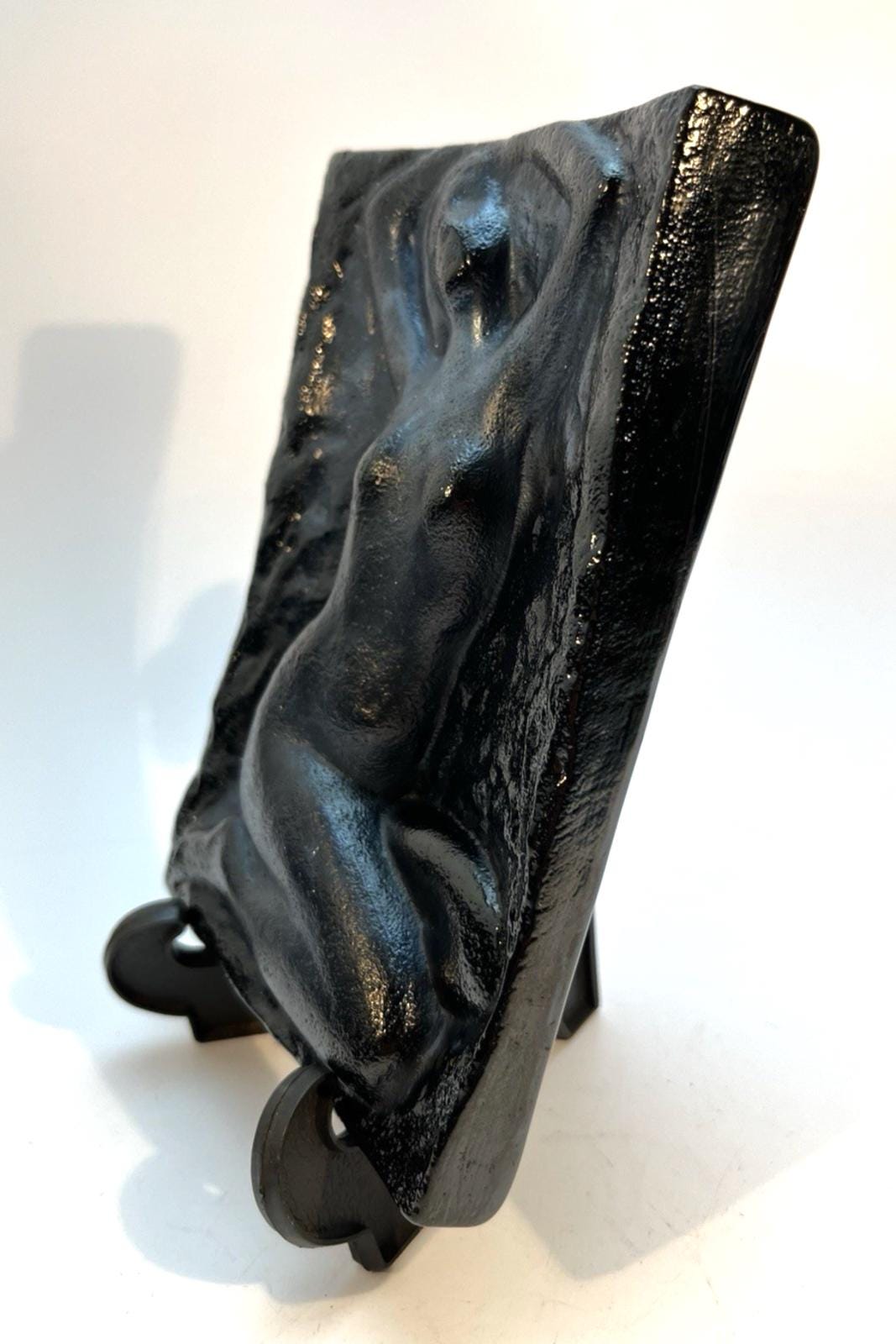 Vintage Nude Woman Plaque Black Ceramic Pottery Art Kneeling Female Figure, 18cm