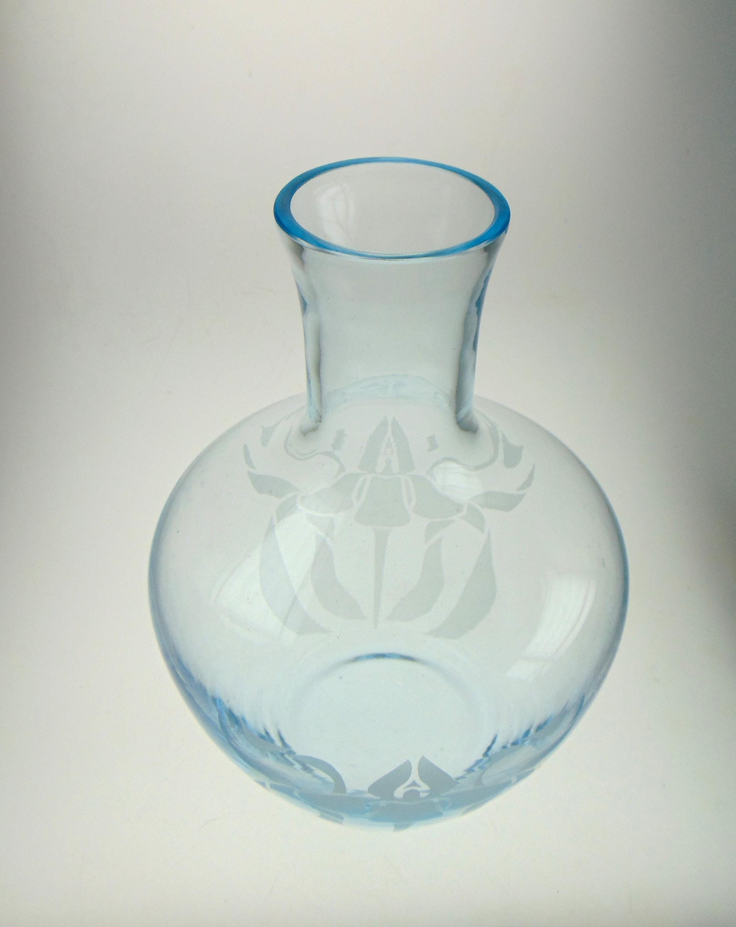 Vintage Ice Blue Glass Flower Vase: Acid Etched Floral Motif
