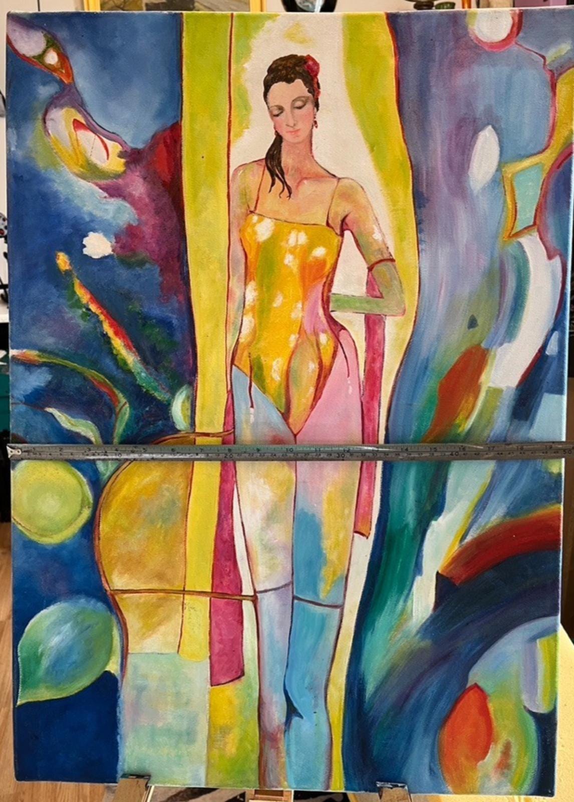Abstract Acrylic on Canvas Painting of Woman Brightly Painted Woman in Underwear