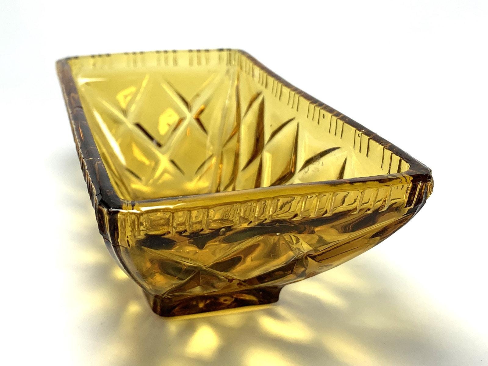 Amber Glass Decorative Bowl in Pale Amber. Depression Glass Dish, Pressed Glass