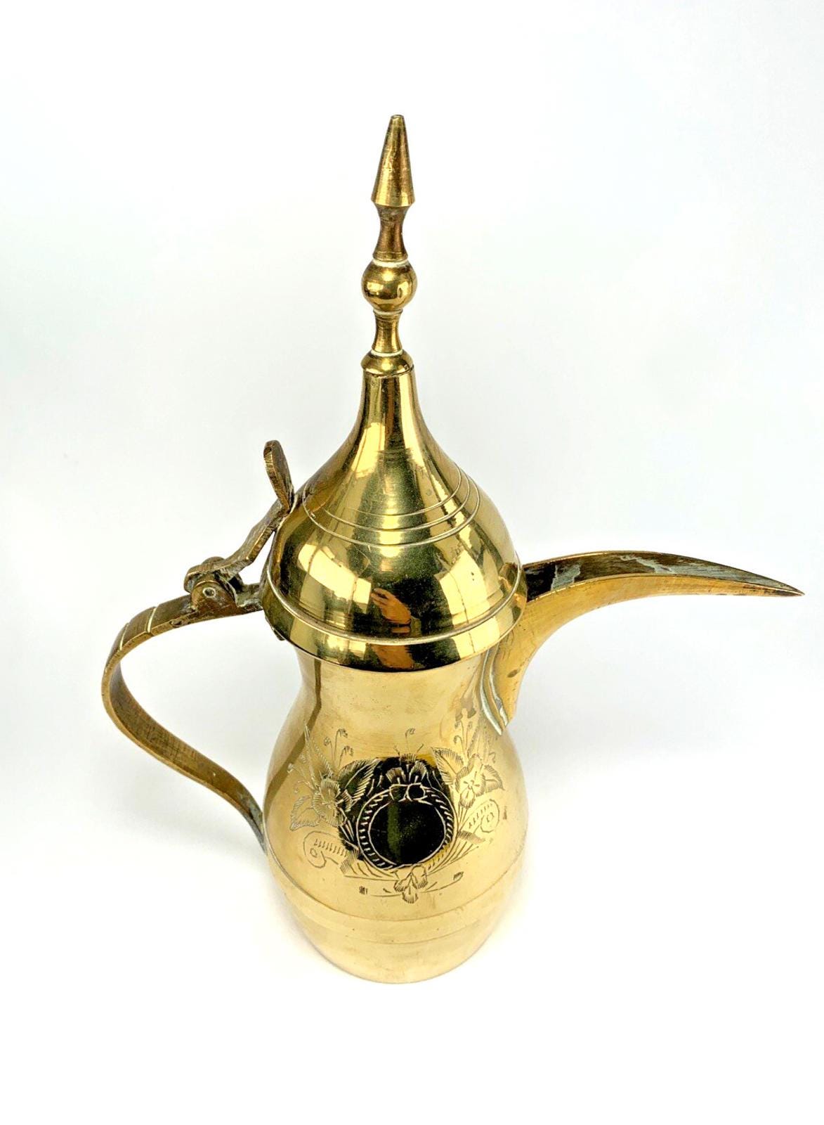 Antique Brass Coffee Pot: Middle Eastern Engraved Pitcher