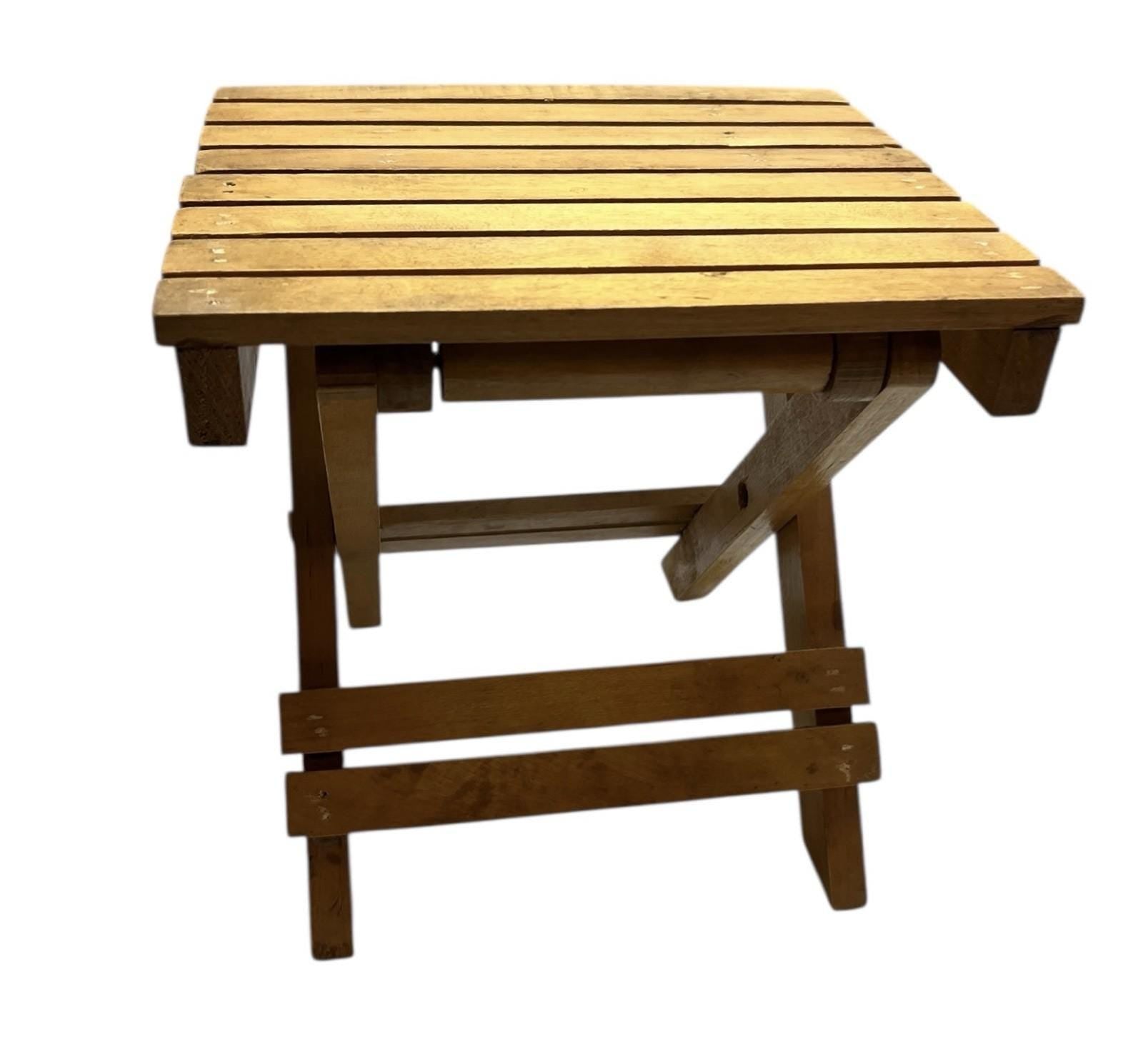 Vintage Folding Wooden Slatted Stool / Mini Table – Compact Portable Seat