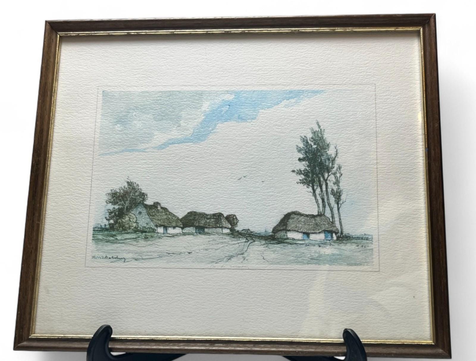 Framed Etching “In de Kempen” by Dirk Baksteen (1886–1971) Thatched Cottage