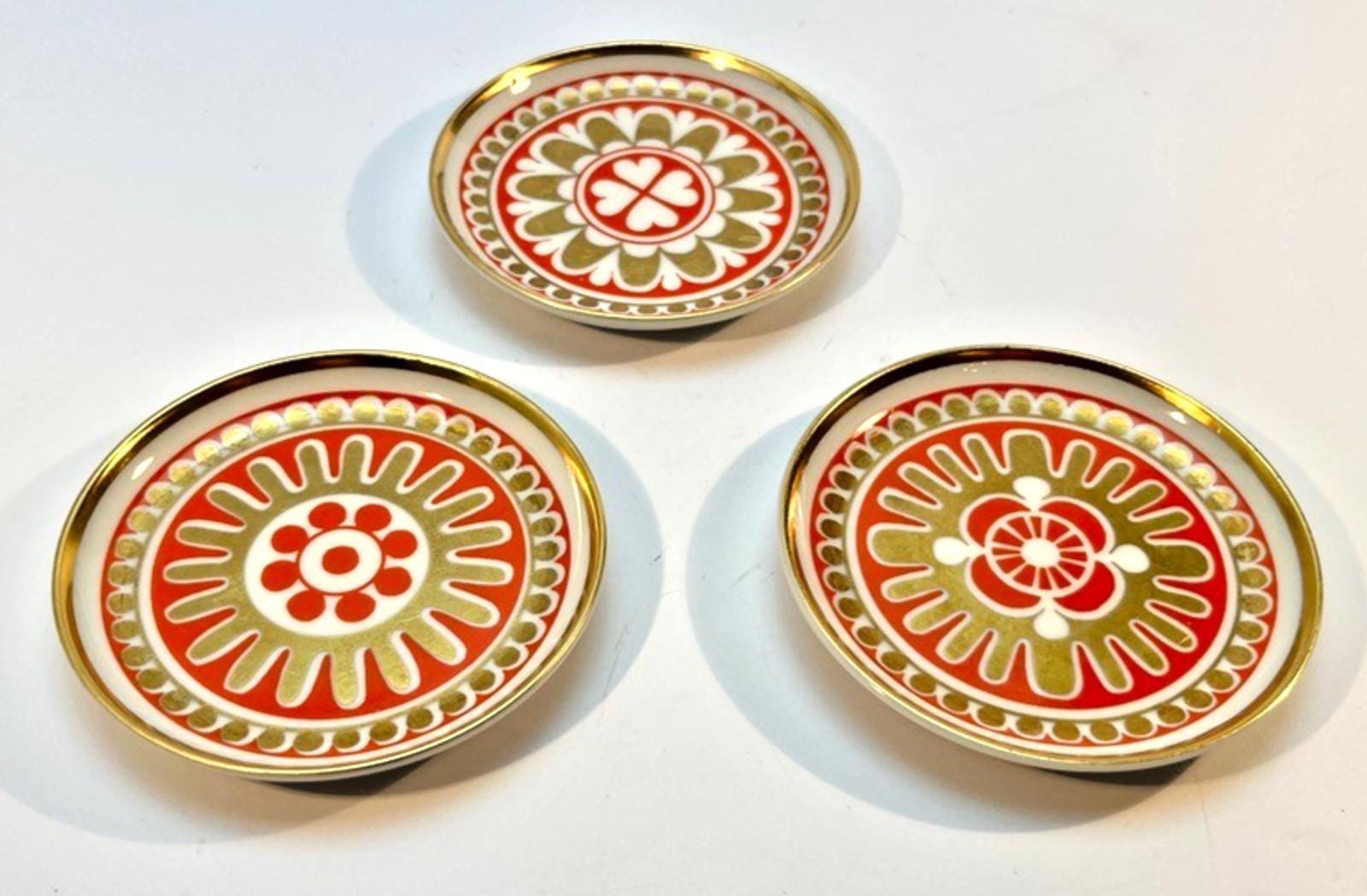 Vintage Porsgrund Porcelain Coasters Norway Set of 3 Rare Pattern 71 Orange VGC