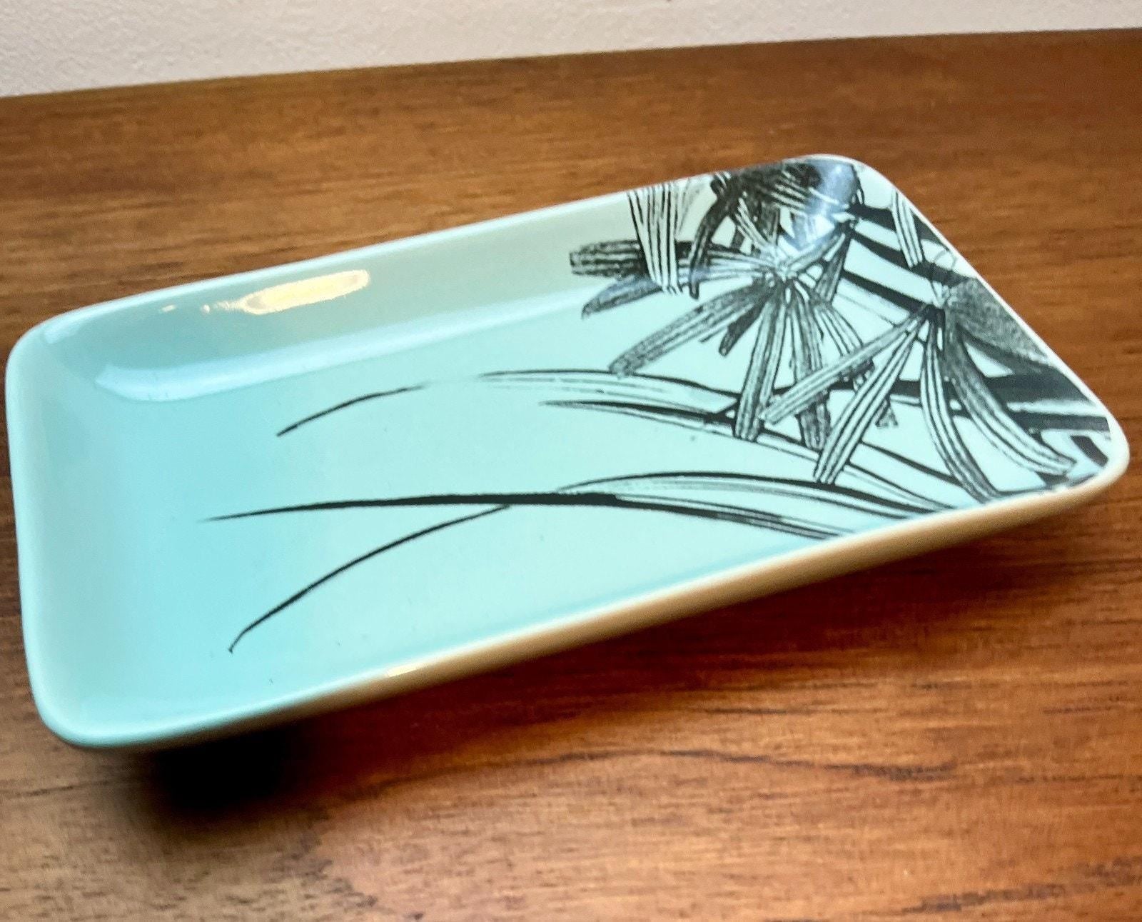 Bloomingville rectangular ceramic tray scandi minimalist mint & black botanical