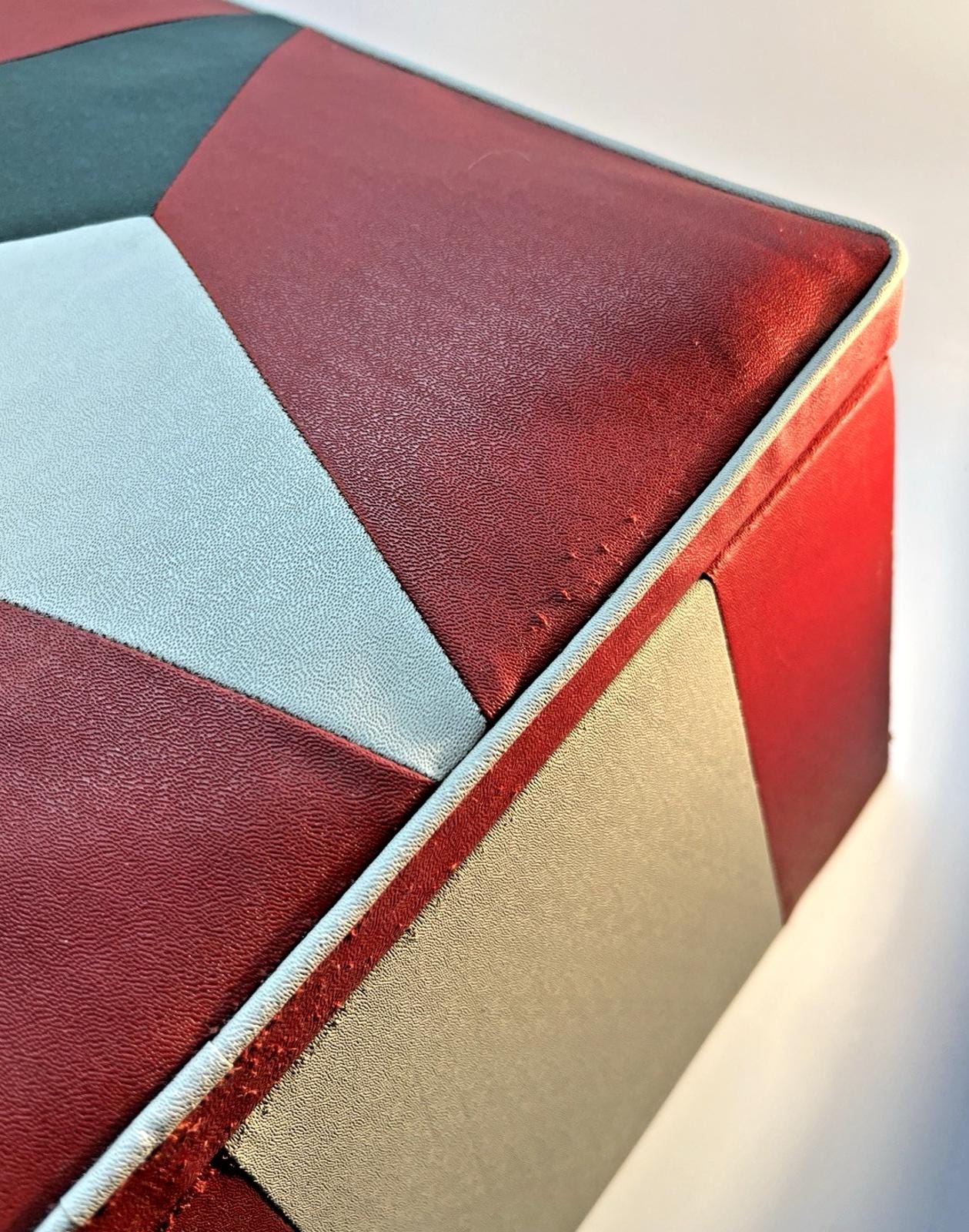 Mid Century Footstool Ottoman Stool Vinyl Red & White with Diamond Pattern Wood