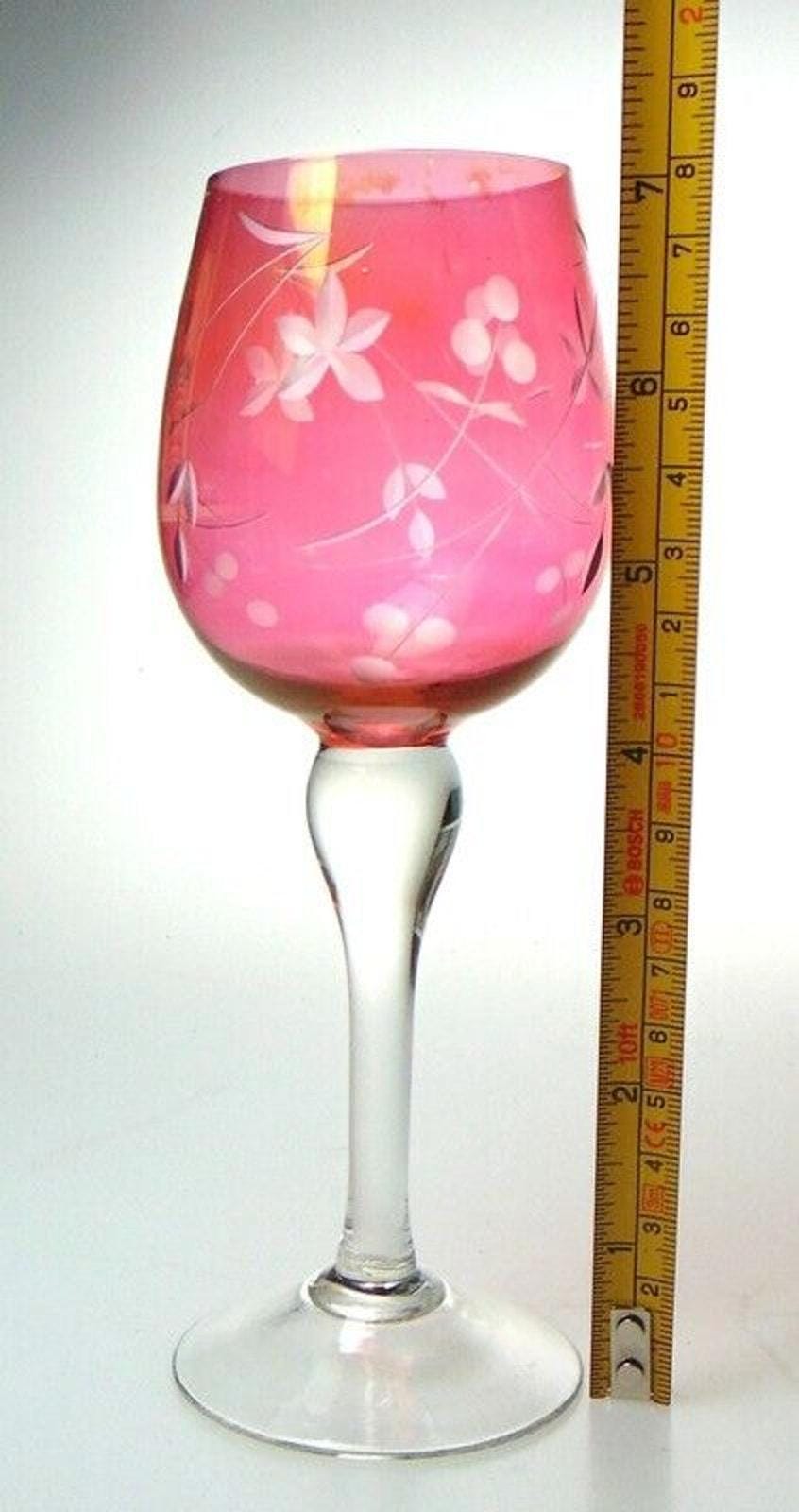 5 Mid Century Crystal Wine Glasses in Cranberry Glass with Etched Floral Detail