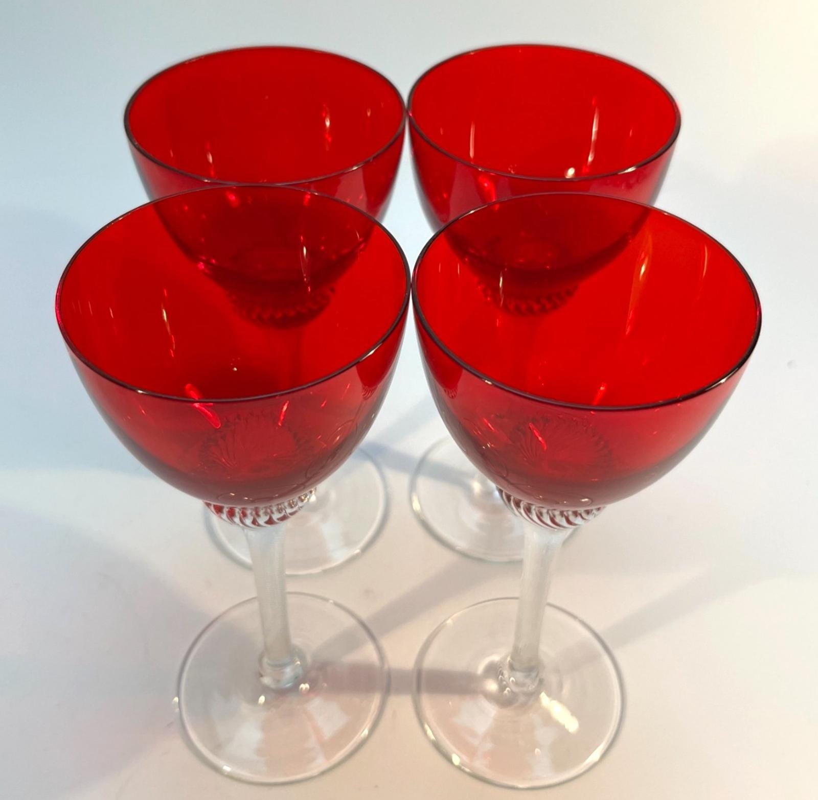4 Bohemia Red Liquor Glasses Twisted Stem Glasses H14cm Mid Century Drinking VGC
