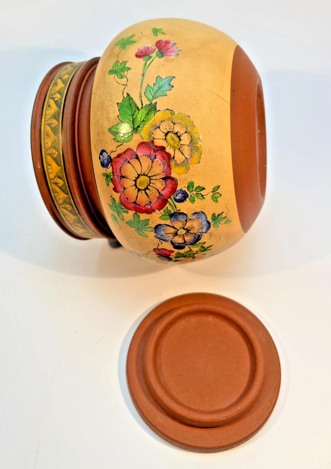 Vintage Pottery Tobacco Jar Handmade Terracotta Hand Painted Tobacciana