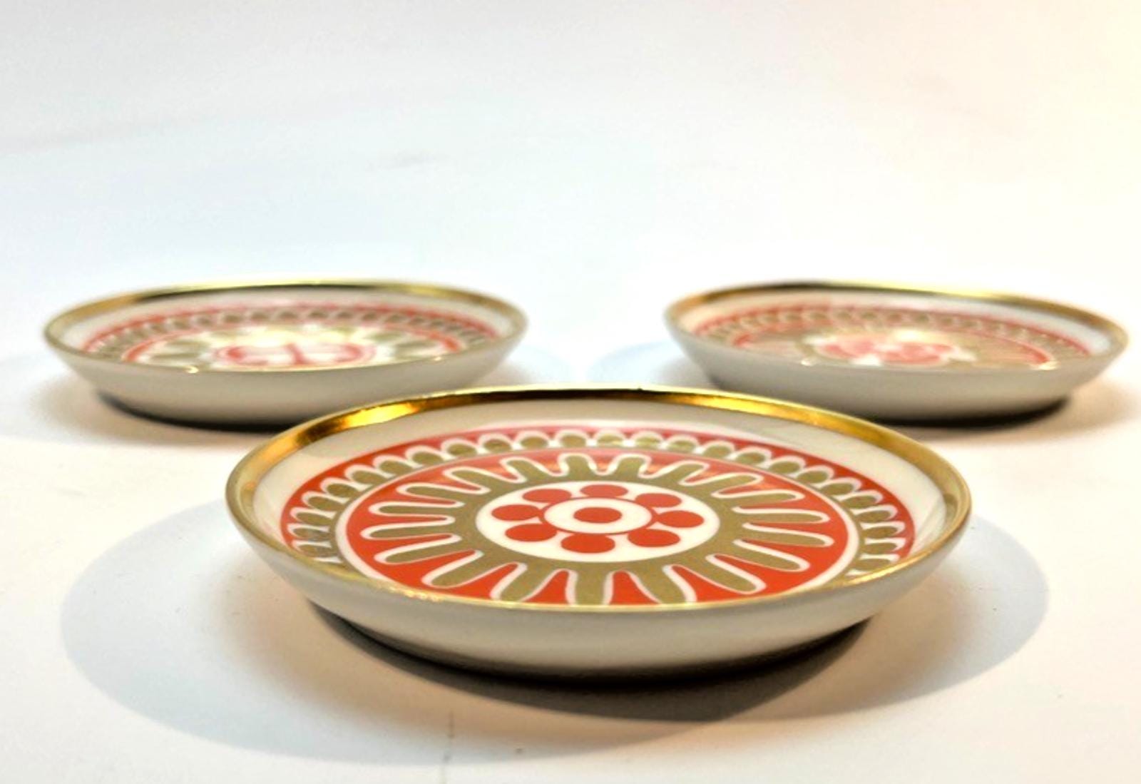 Vintage Porsgrund Porcelain Coasters Norway Set of 3 Rare Pattern 71 Orange VGC